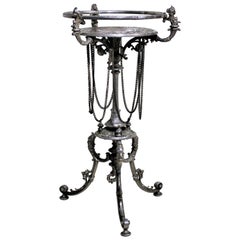 Antique Victorian Cast Metal Plated Pedestal Table Figural Accents Engraved Top
