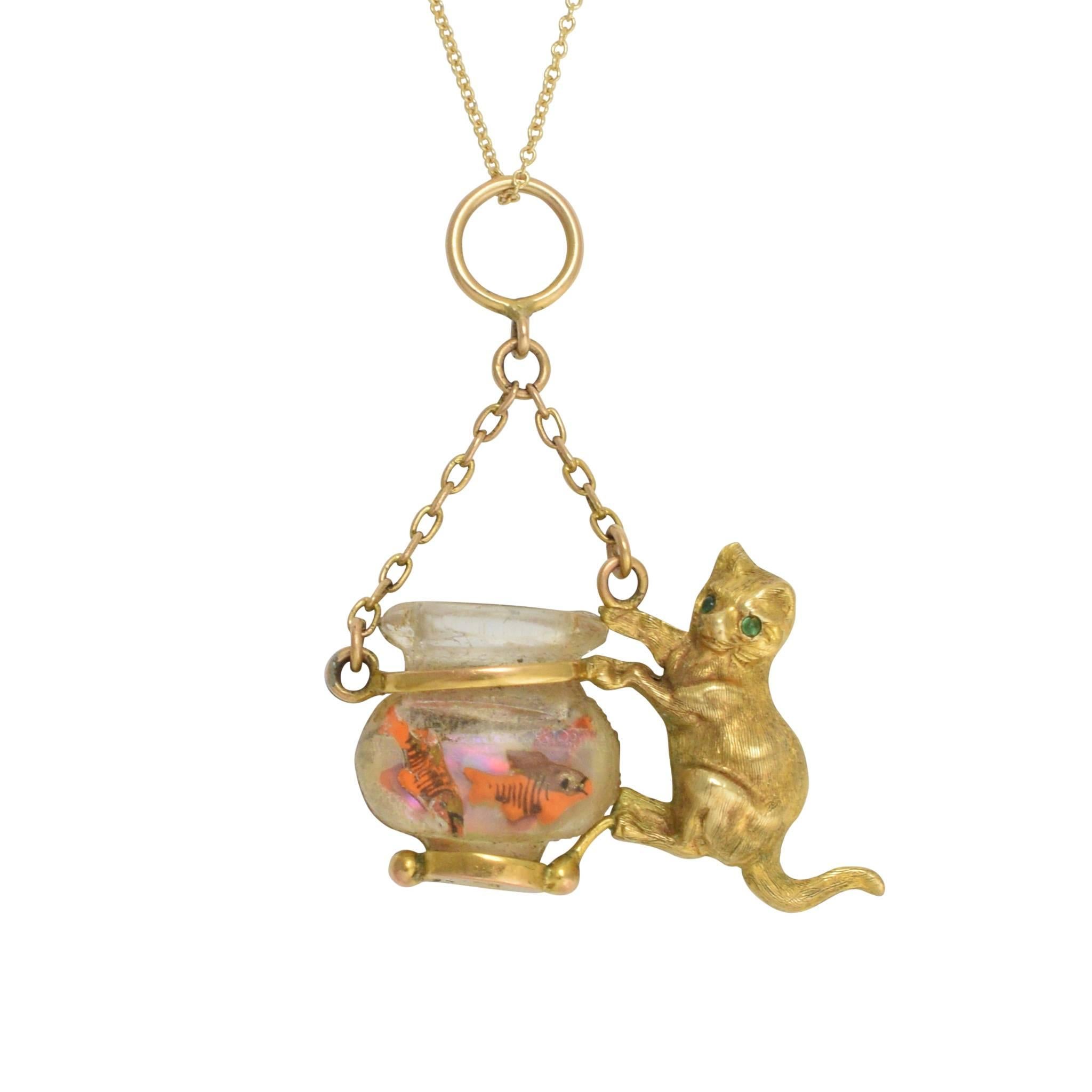 Antique Victorian "Cat & Goldfish" Novelty Pendant Necklace