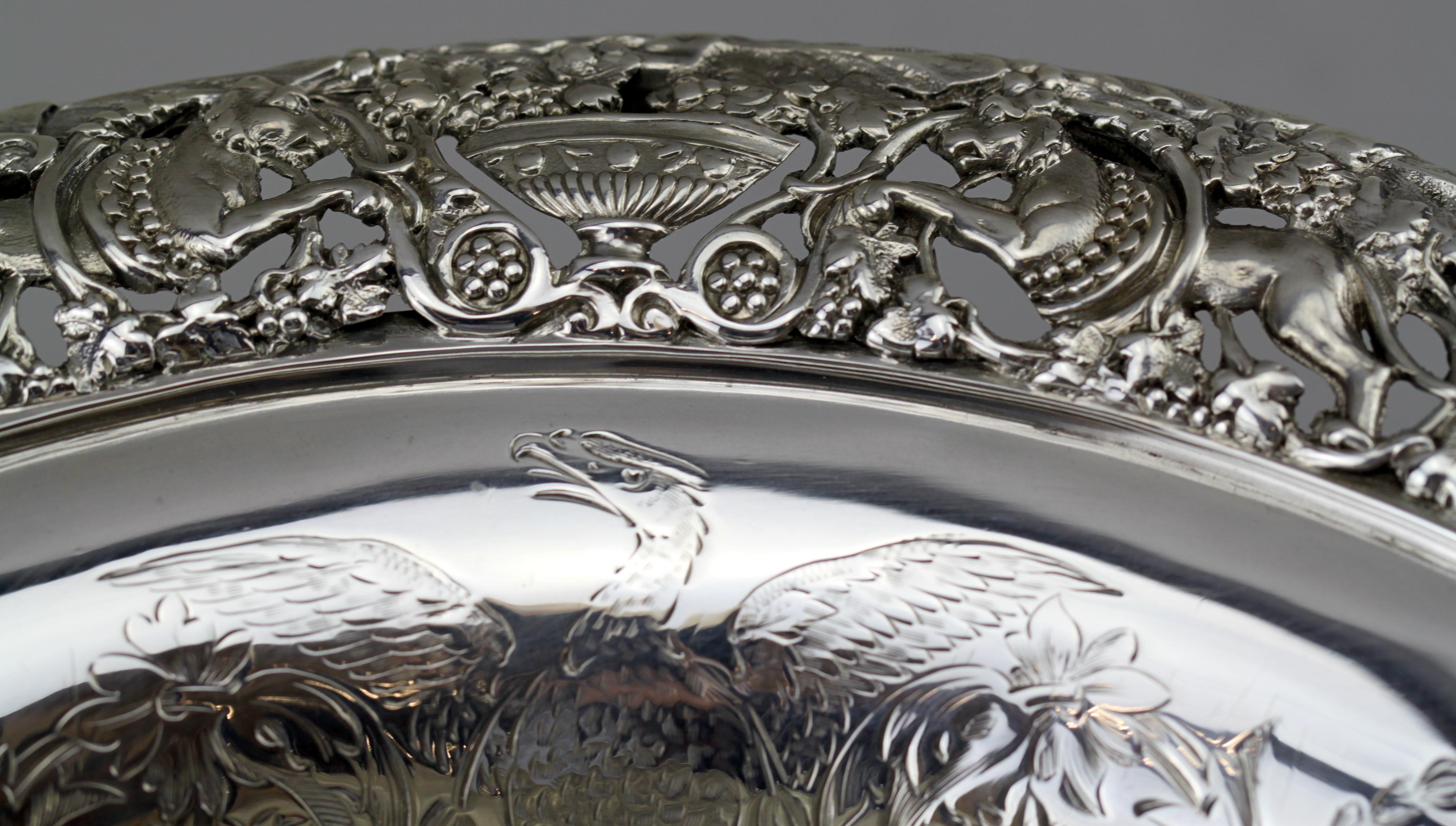 Sterling Silver Antique Victorian Cellini Style Impressive Fruit Bowl with Handle, London