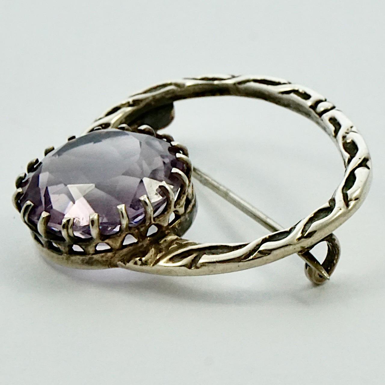 Antique Victorian Celtic Silver and Faux Amethyst Brooch In Good Condition For Sale In London, GB