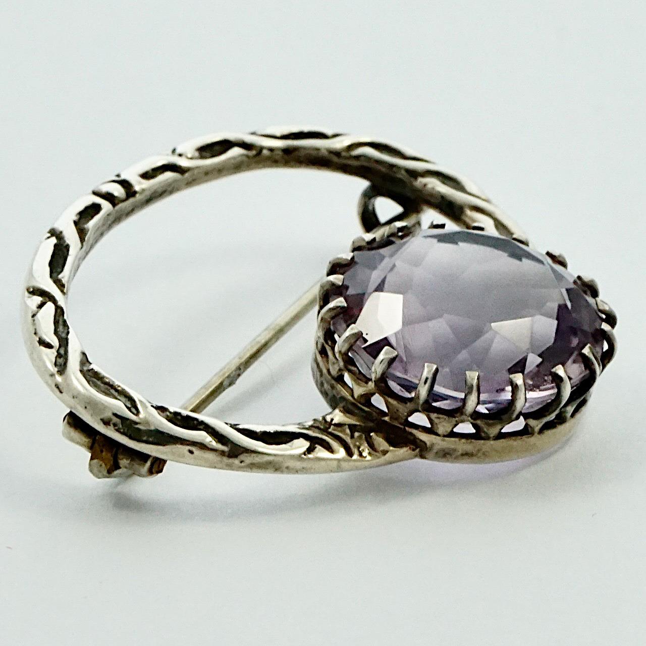 Women's or Men's Antique Victorian Celtic Silver and Faux Amethyst Brooch For Sale