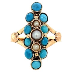 Antique Victorian Ceramic Turquoise and Pearl Ring 12K Rosy Gold