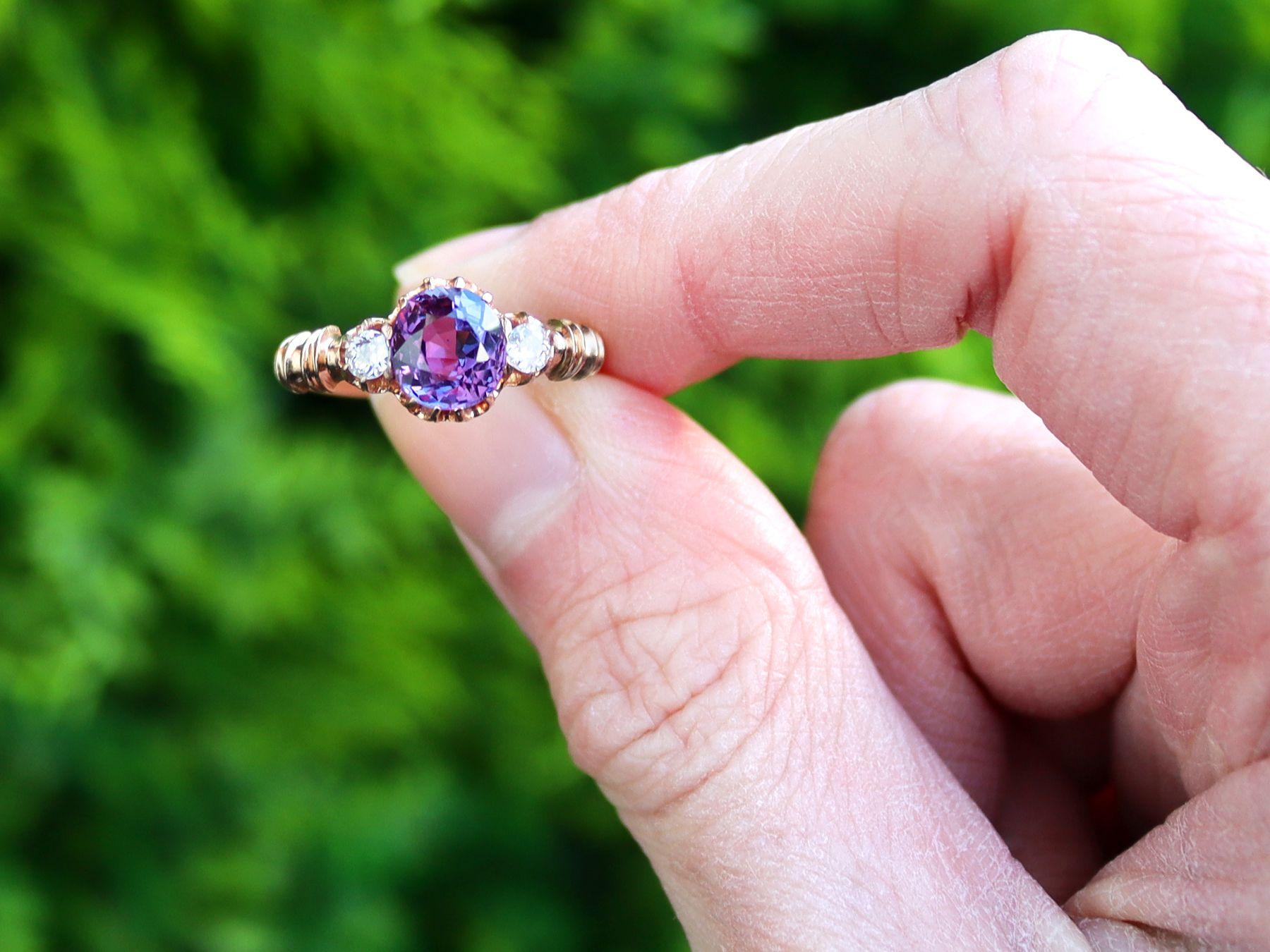 A stunning antique Victorian 1.50 carat Ceylon purple sapphire and 0.12 carat diamond, 15 karat rose gold trilogy ring; part of our diverse antique jewellery collections

This stunning, fine and impressive antique sapphire ring has been crafted in
