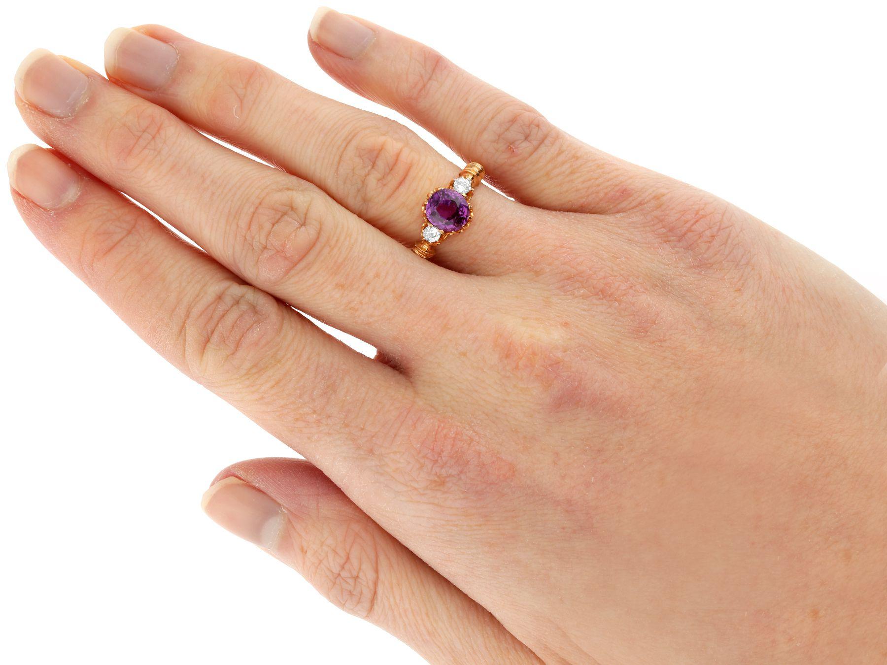 Victorian Ceylon Purple Sapphire and Diamond Rose Gold Trilogy Ring For Sale 3