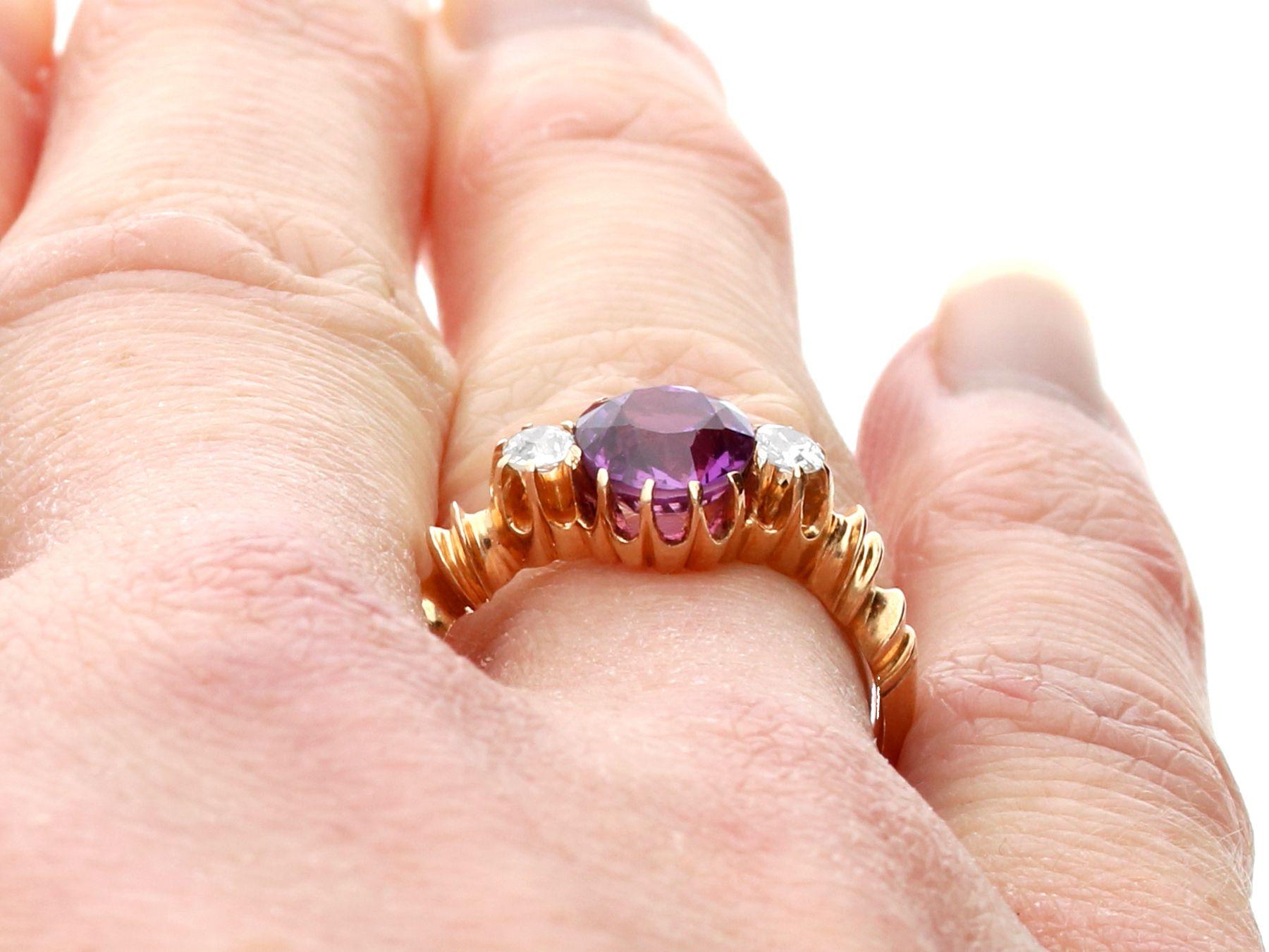 Victorian Ceylon Purple Sapphire and Diamond Rose Gold Trilogy Ring For Sale 3
