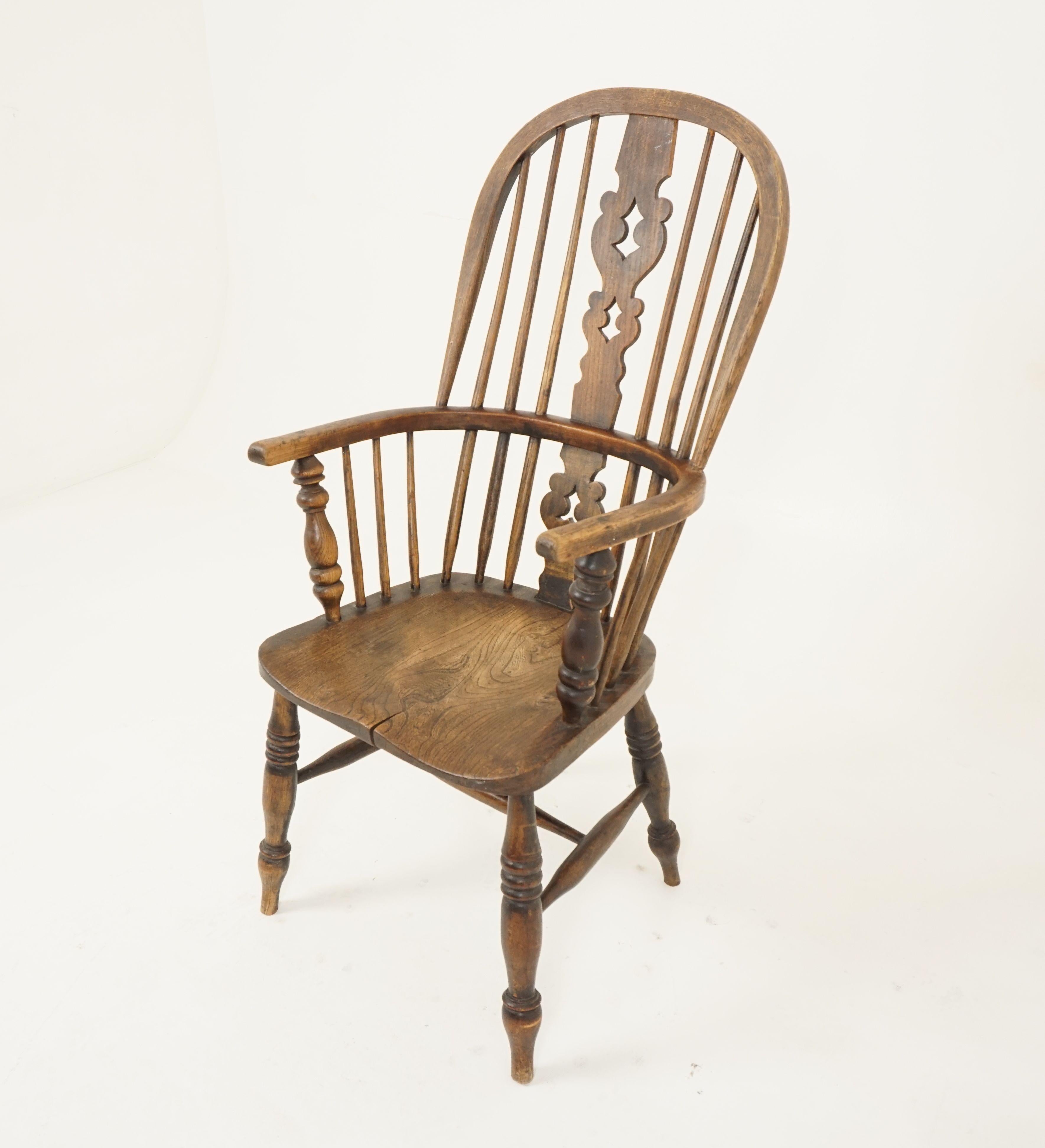 Antique Victorian chair, ash + elm, windsor arm chair, Scotland 1840, BX5

Scotland 1840
Solid ash + elm
Original finish
There is a hooped ash top rail with decorative central splat and stich back
There are also hooped arms with turned arm