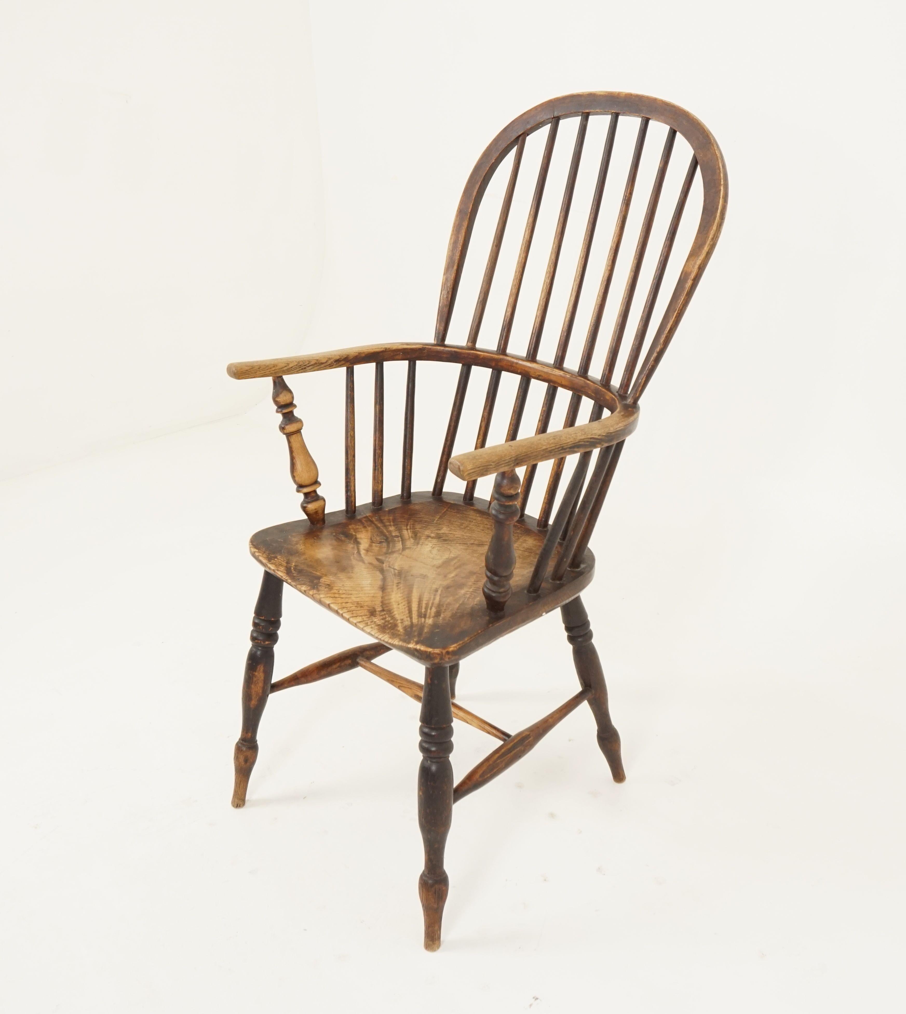 Antique Victorian chair, ash + elm, windsor arm chair, Scotland 1840, BX6

Scotland 1840
Solid ash + elm
Original finish
There is a hooped ash top rail with stich back
There are also hooped arms with turned arm supports
The seat is made of