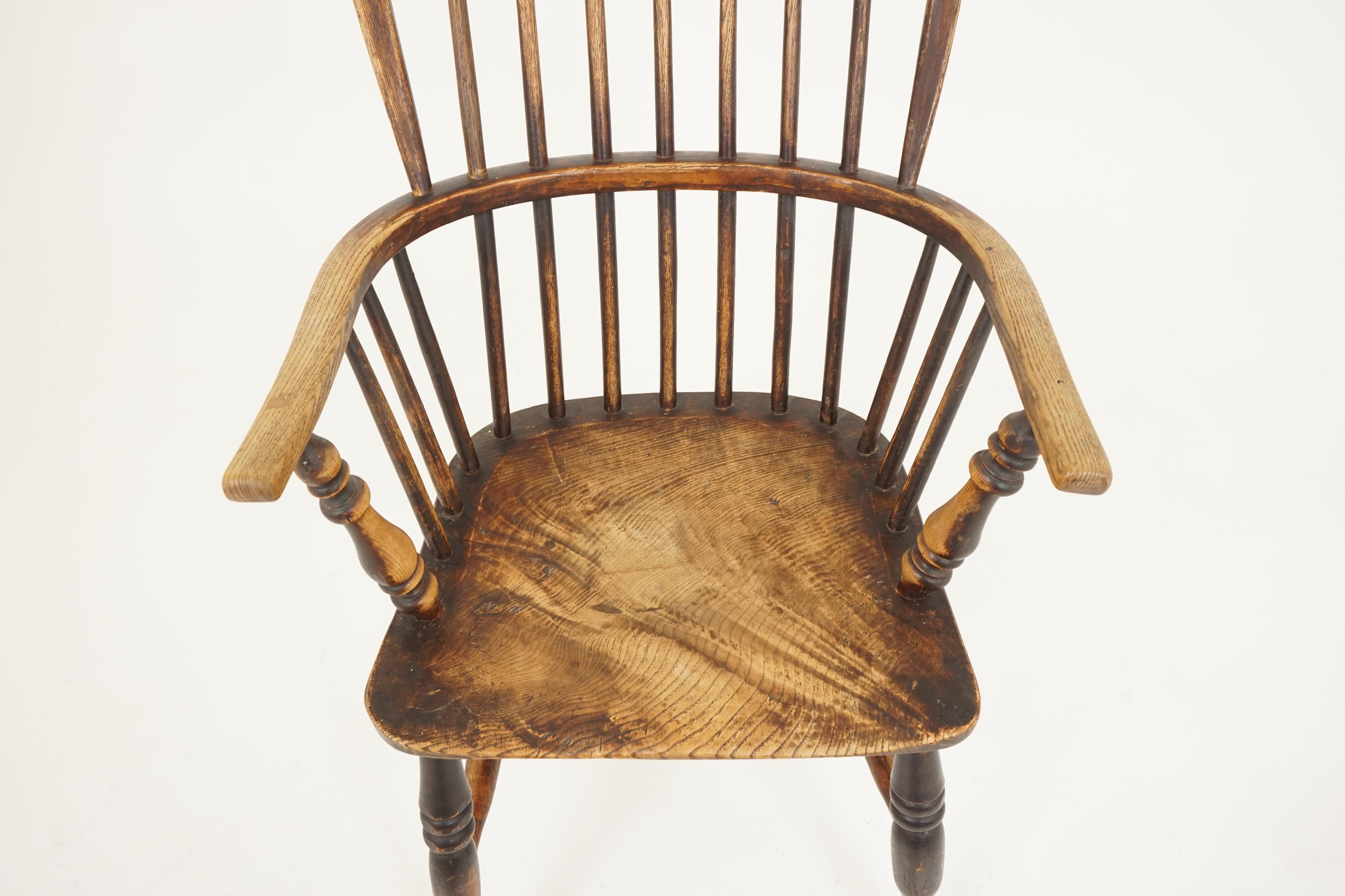 Hand-Crafted Antique Victorian Chair, Ash + Elm, Windsor Arm Chair, Scotland 1840