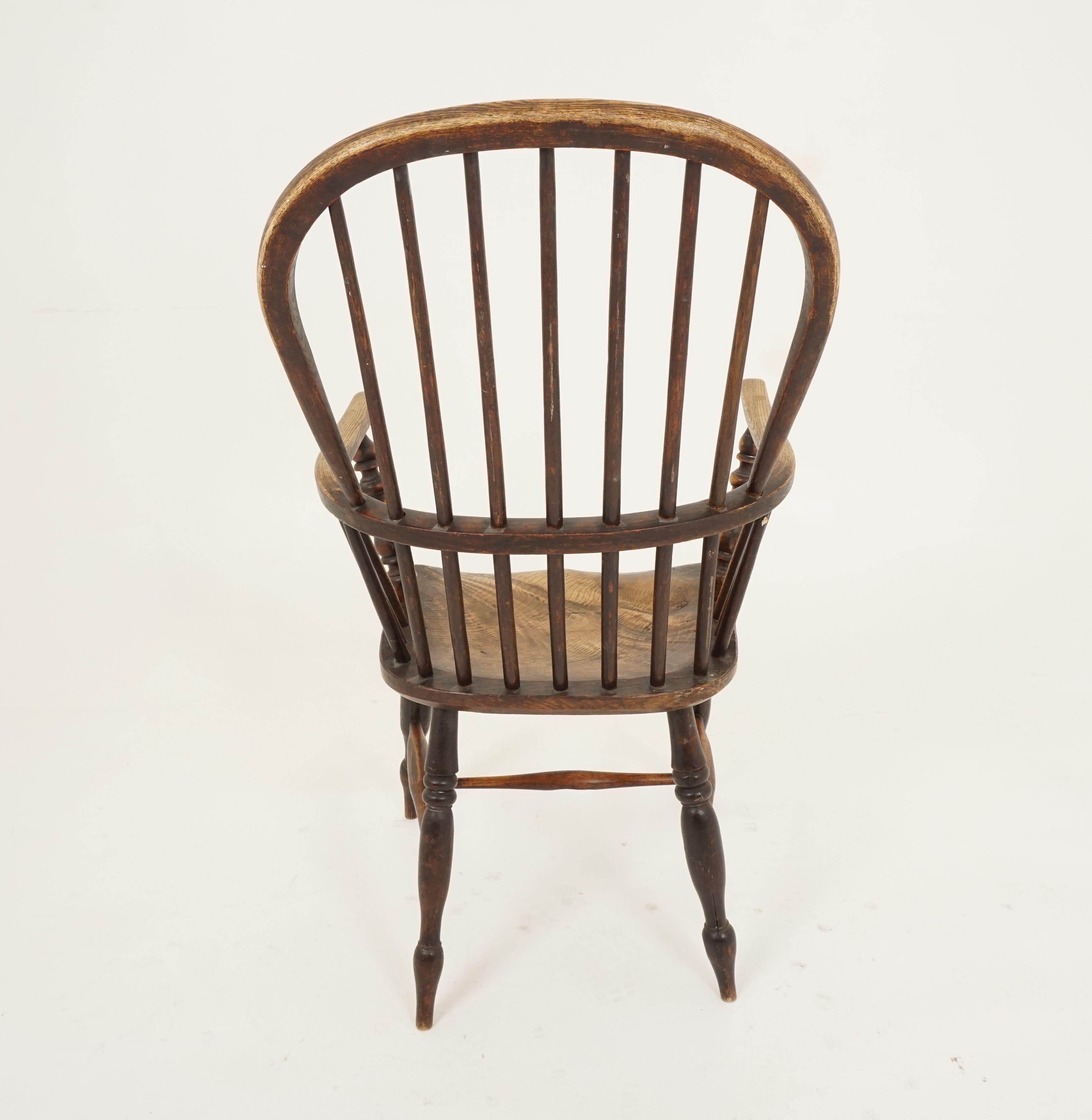 Antique Victorian Chair, Ash + Elm, Windsor Arm Chair, Scotland 1840 1