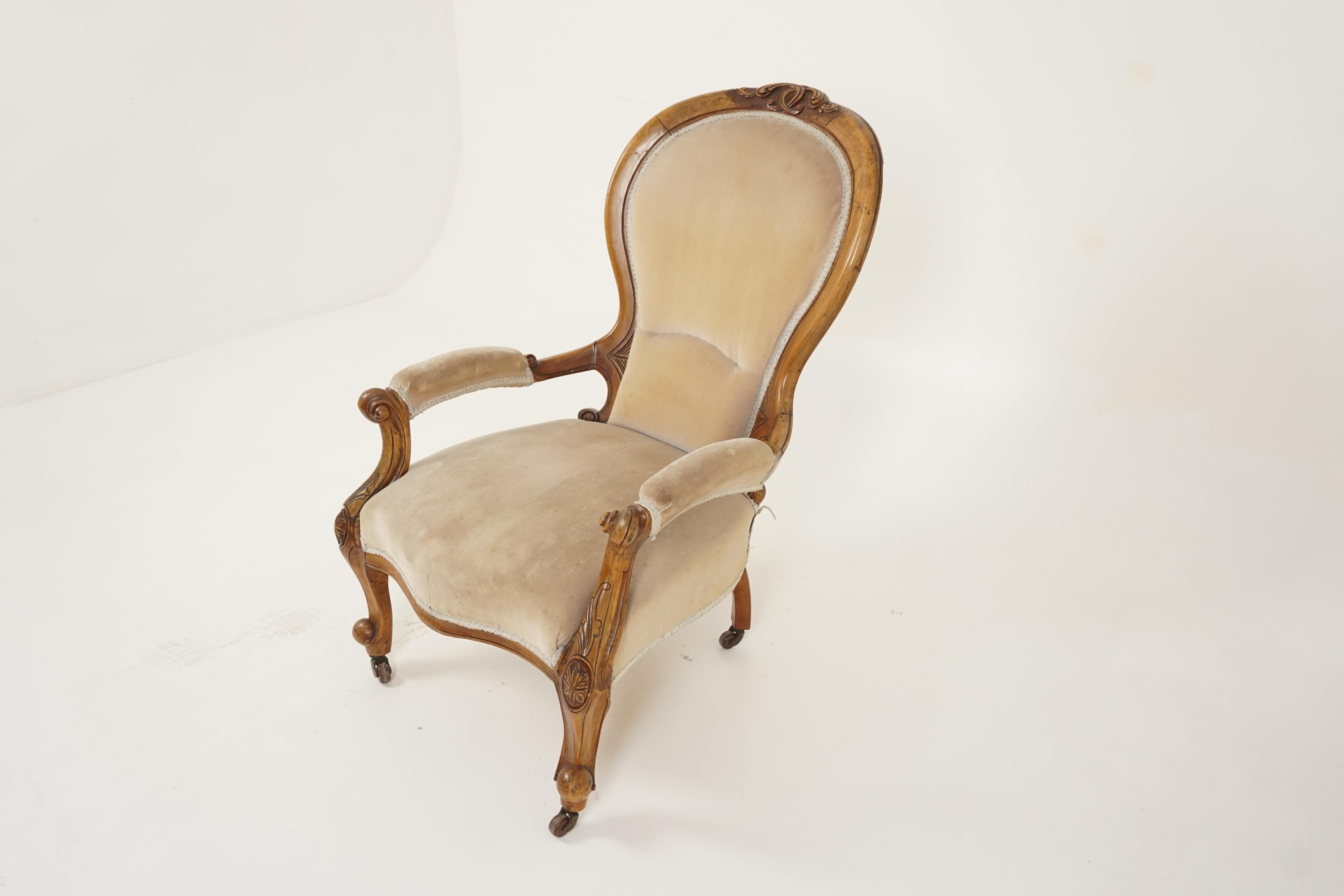 Antique Victorian chair, walnut, spoon back, gentlemen's parlour chair, Scotland 1870, H282

Scotland 1870
Solid walnut
Original finish
Carved cartouche to the center of the top rail
Upholstered back with carved supports
Out swept padded arms with a