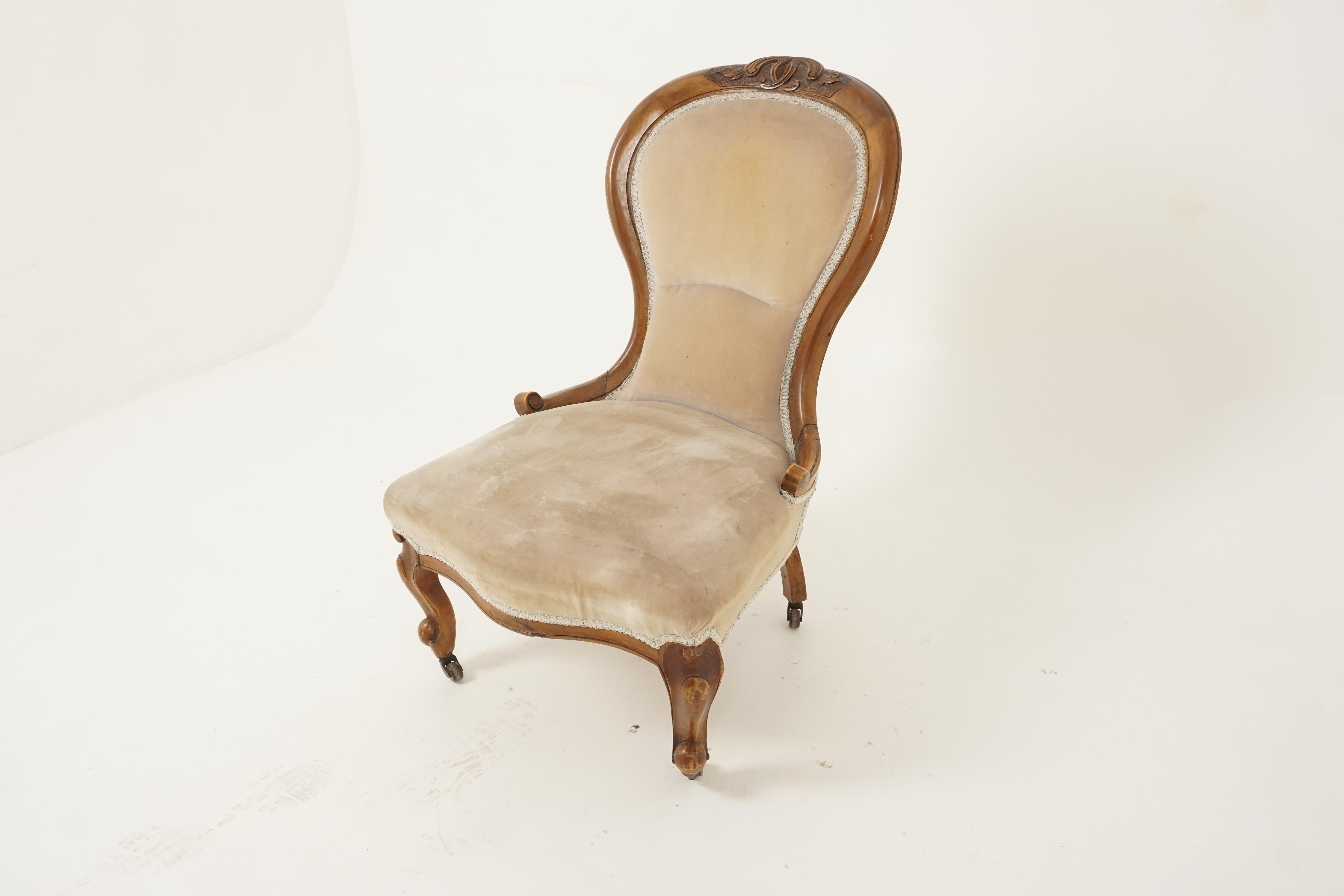 Antique Victorian chair, walnut, spoon back, women's parlour chair, Scotland 1870, H283

Scotland 1870
Solid walnut
Original finish
Carved cartouche to the center of the top rail
Upholstered back with carved supports
Standing on carved cabriole