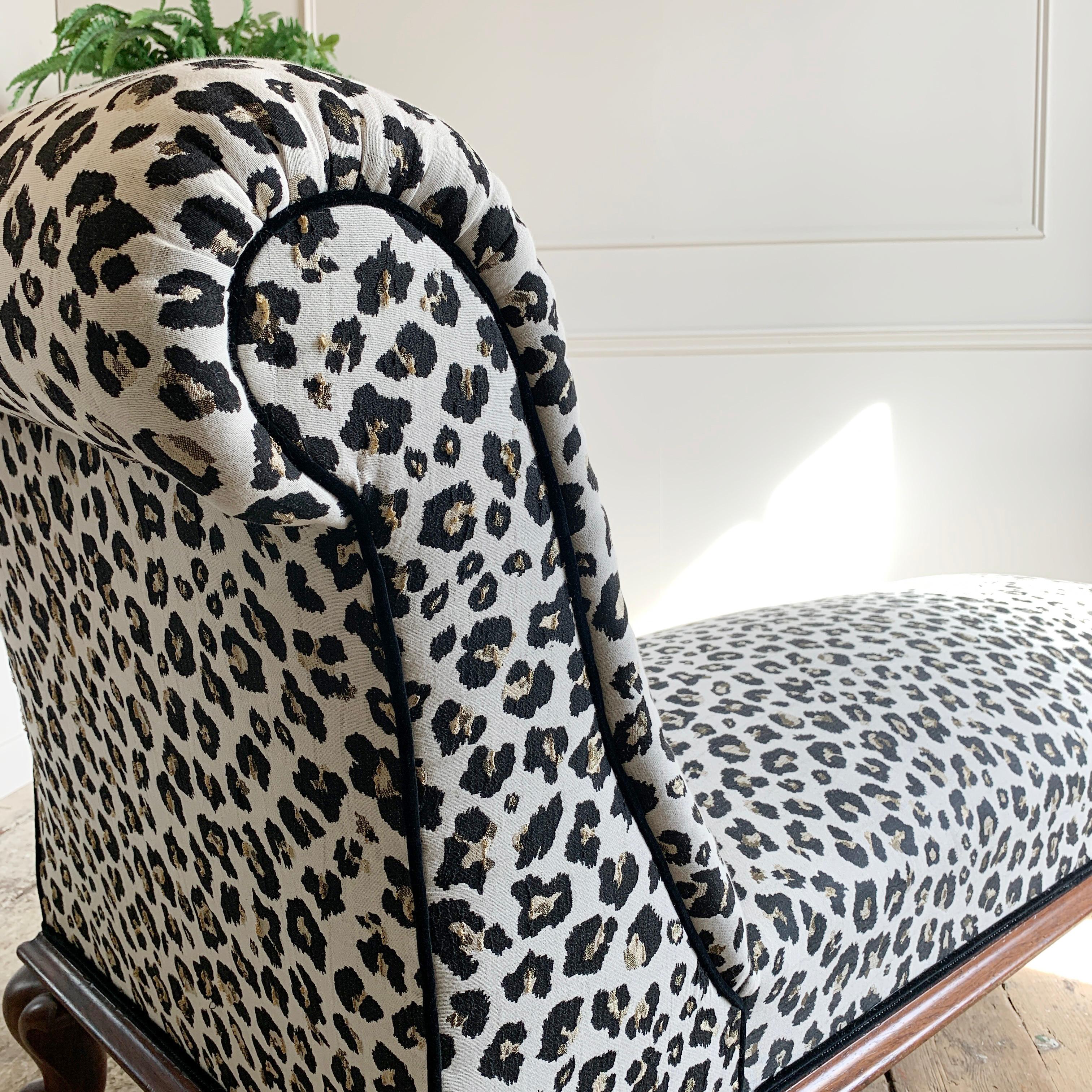 Wood Antique Victorian Chaise Longue in Woven Leopard Jacquard