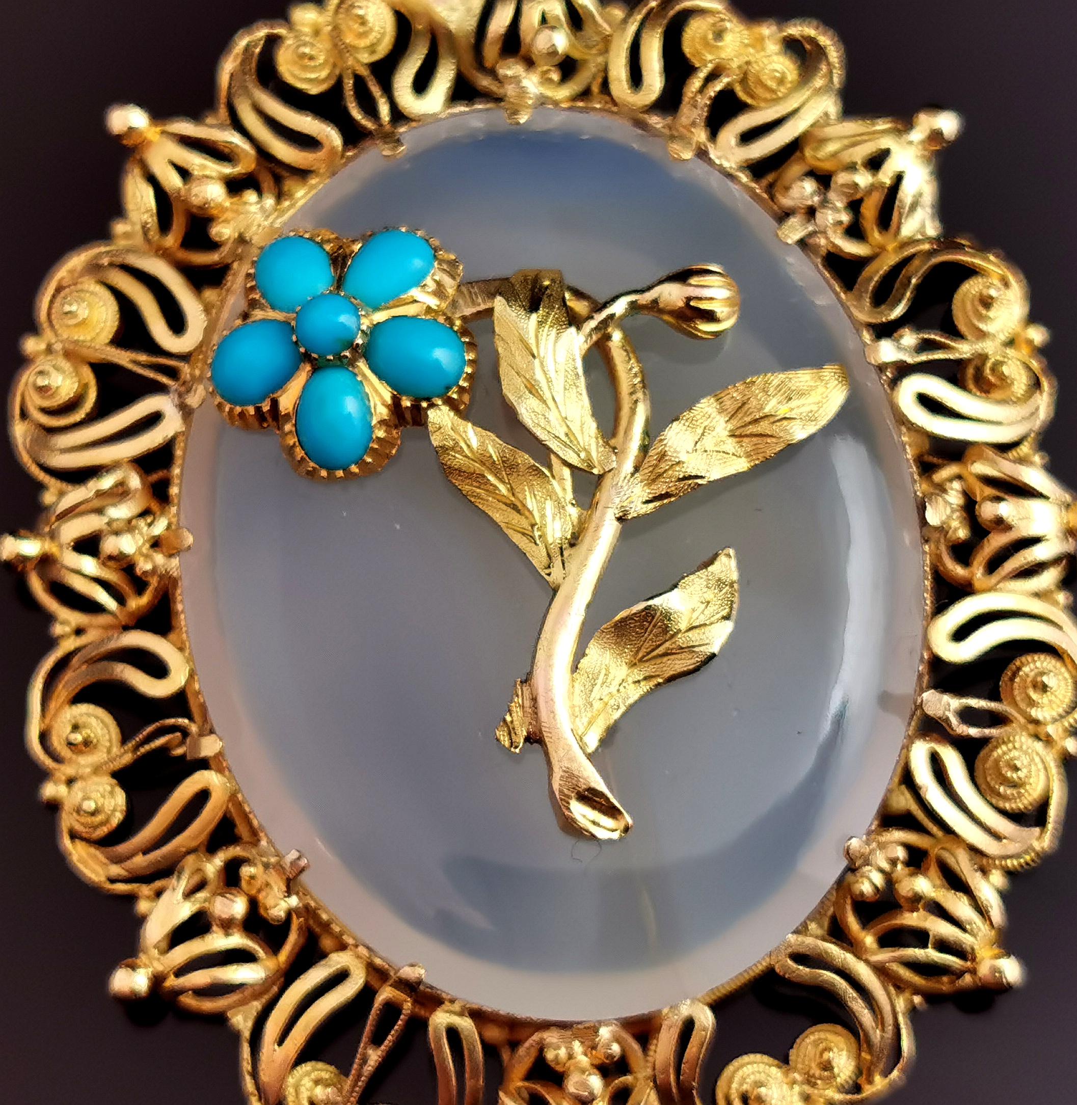 Antique Victorian Chalcedony and Turquoise Flower Pendant, 18k Yellow Gold 5