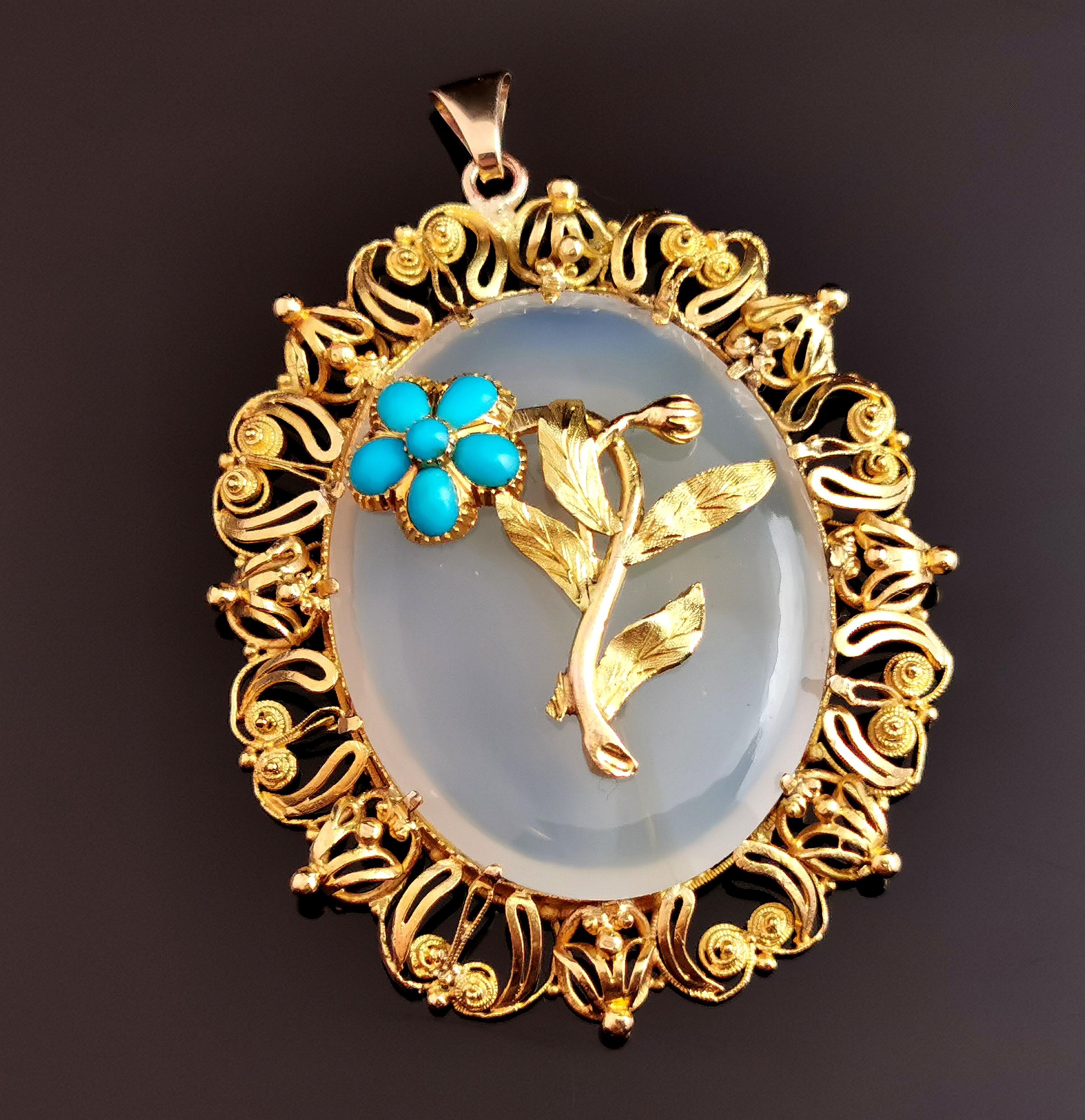 Antique Victorian Chalcedony and Turquoise Flower Pendant, 18k Yellow Gold 6