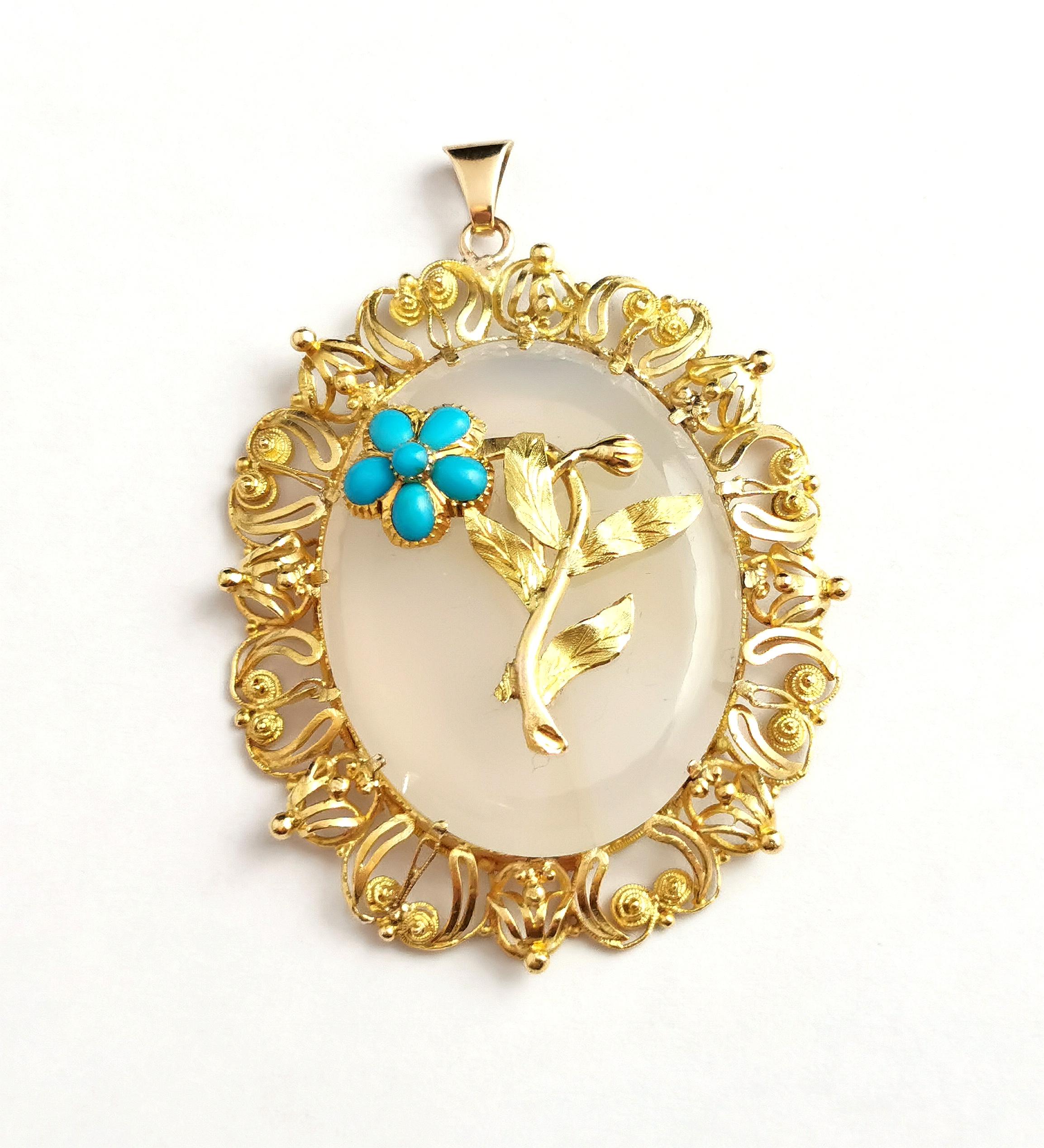 Antique Victorian Chalcedony and Turquoise Flower Pendant, 18k Yellow Gold 7