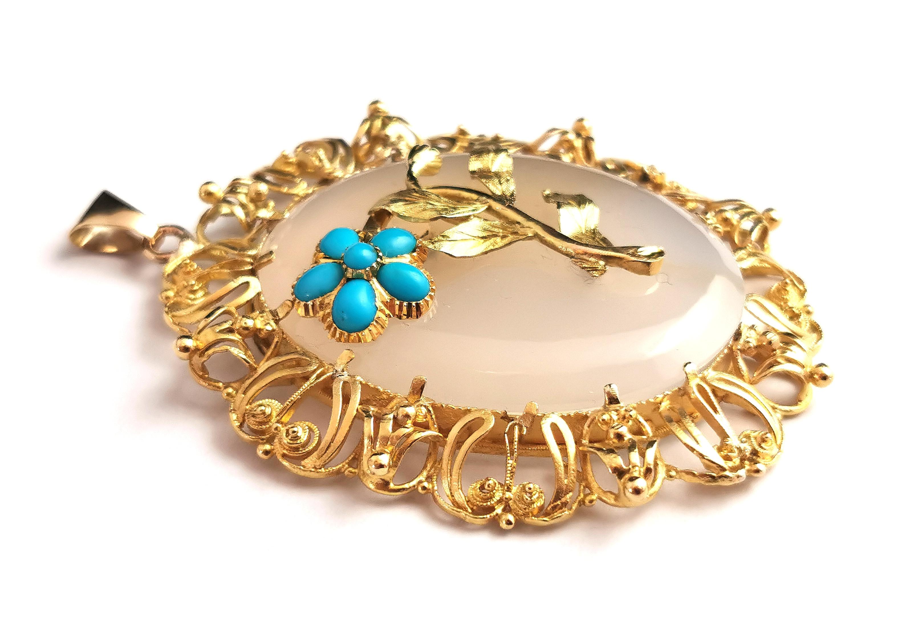 Antique Victorian Chalcedony and Turquoise Flower Pendant, 18k Yellow Gold 8