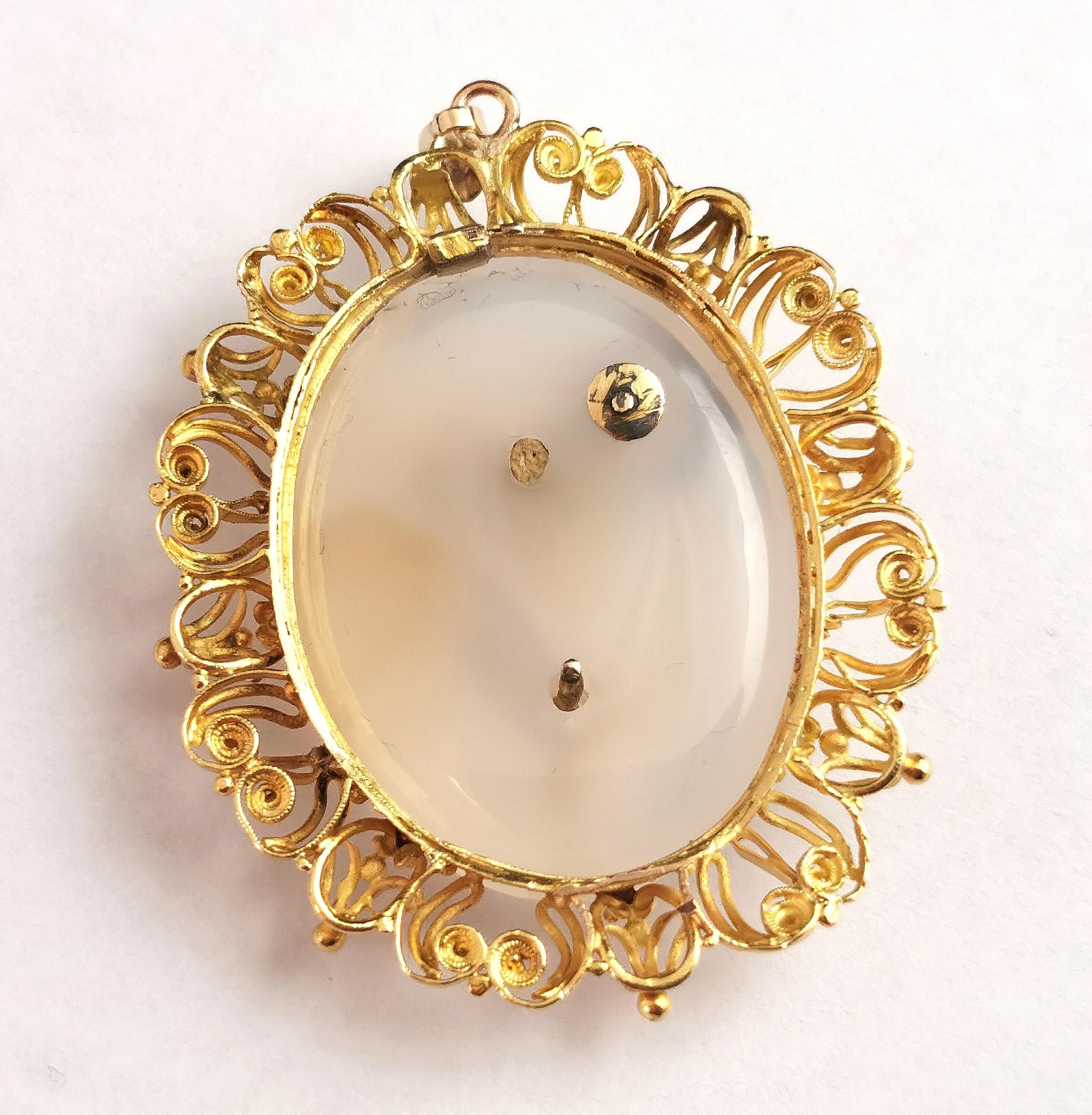 Antique Victorian Chalcedony and Turquoise Flower Pendant, 18k Yellow Gold 9