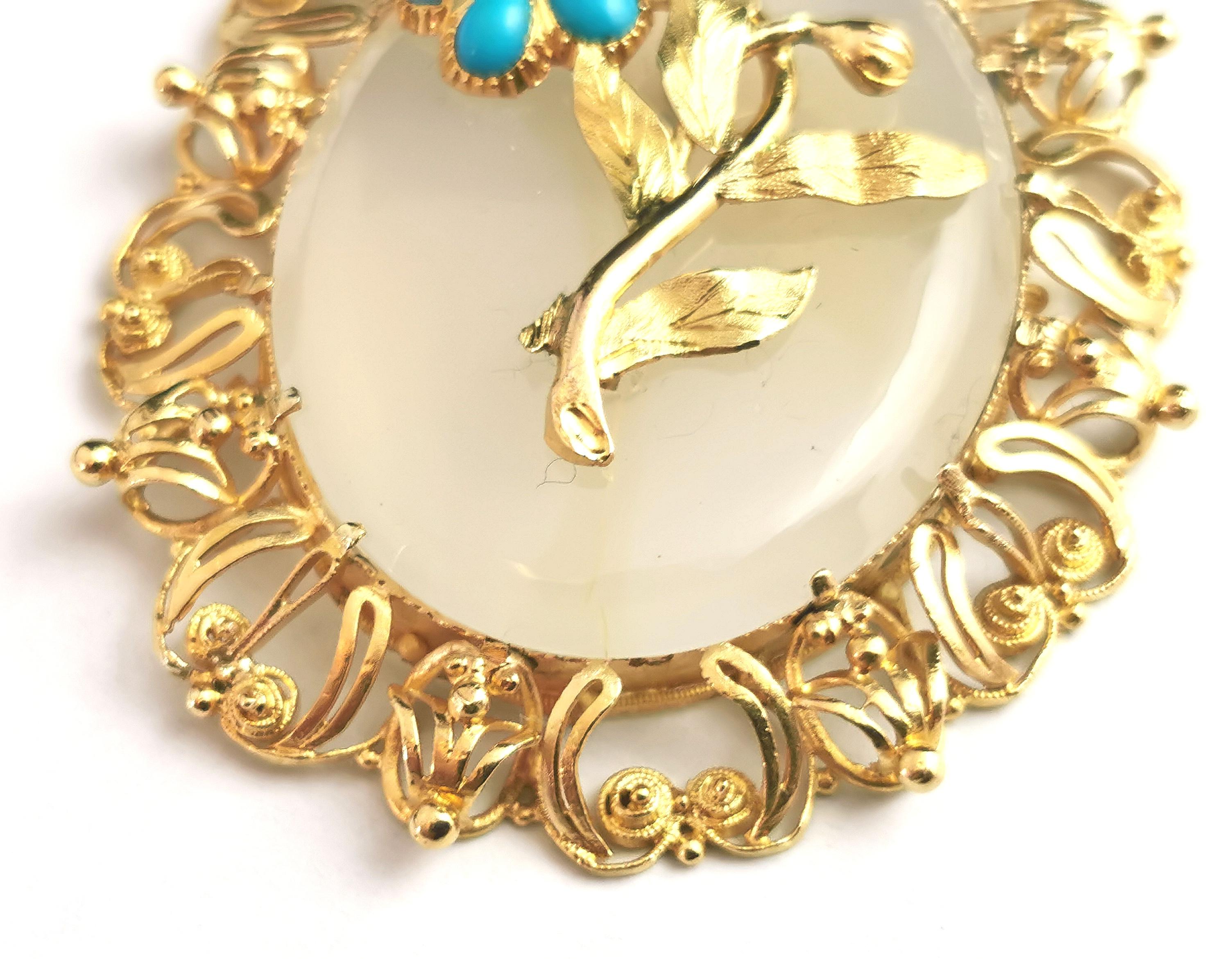 Antique Victorian Chalcedony and Turquoise Flower Pendant, 18k Yellow Gold 10