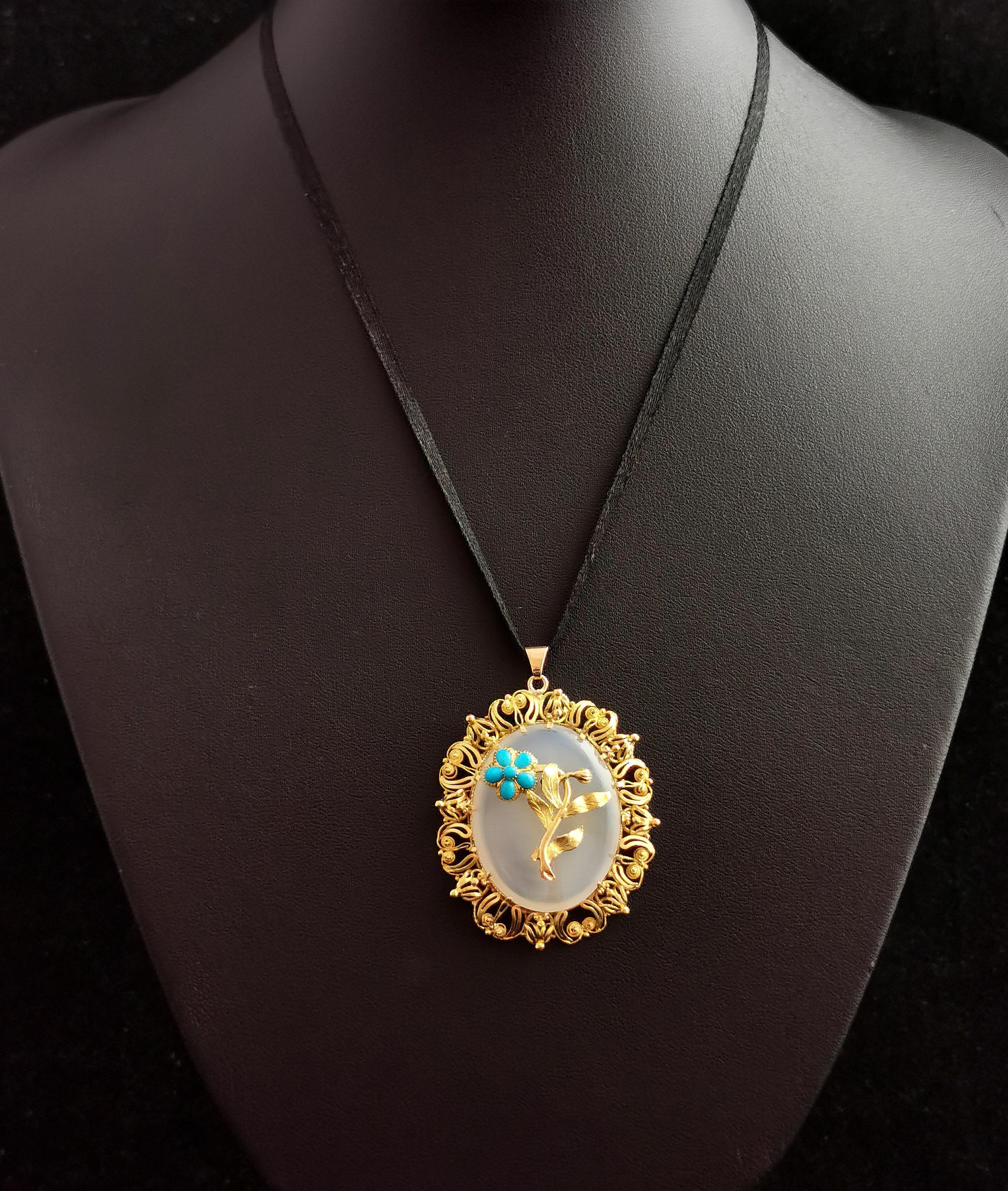 Cabochon Antique Victorian Chalcedony and Turquoise Flower Pendant, 18k Yellow Gold