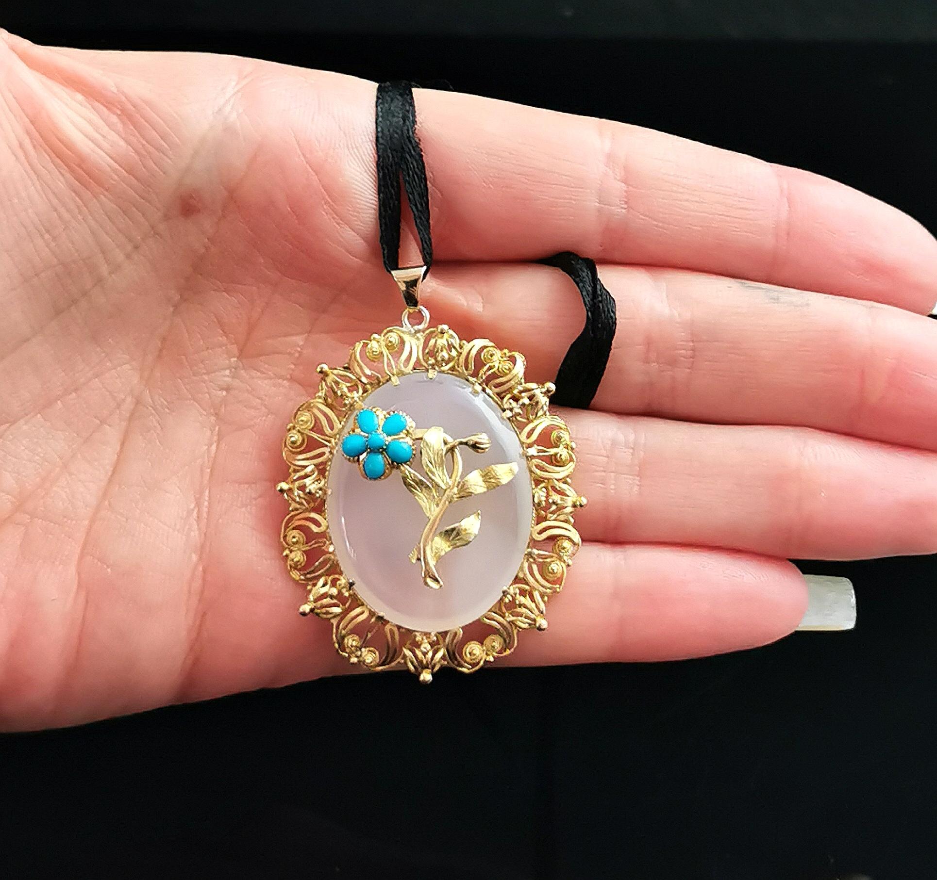 Women's Antique Victorian Chalcedony and Turquoise Flower Pendant, 18k Yellow Gold
