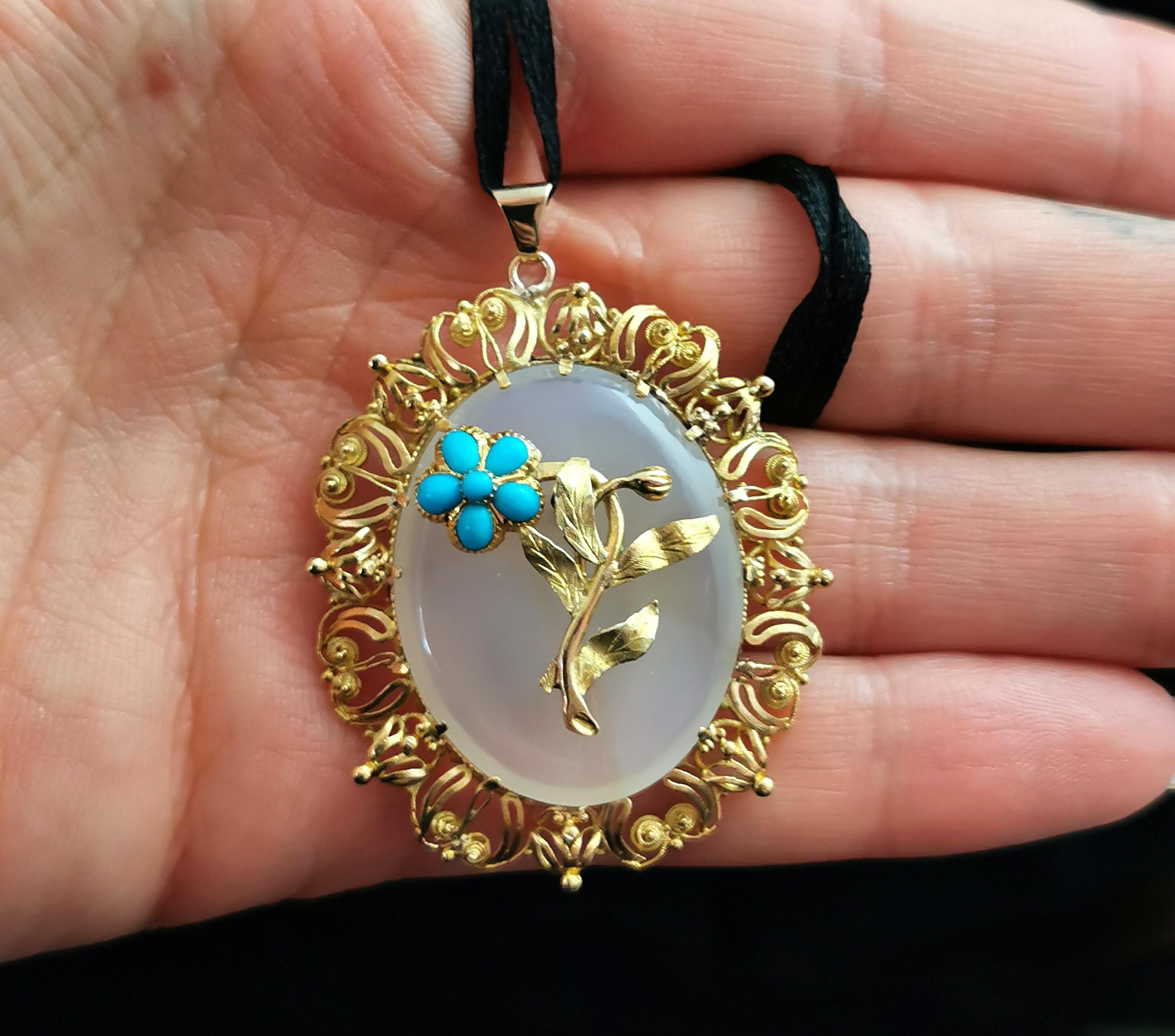Antique Victorian Chalcedony and Turquoise Flower Pendant, 18k Yellow Gold 1