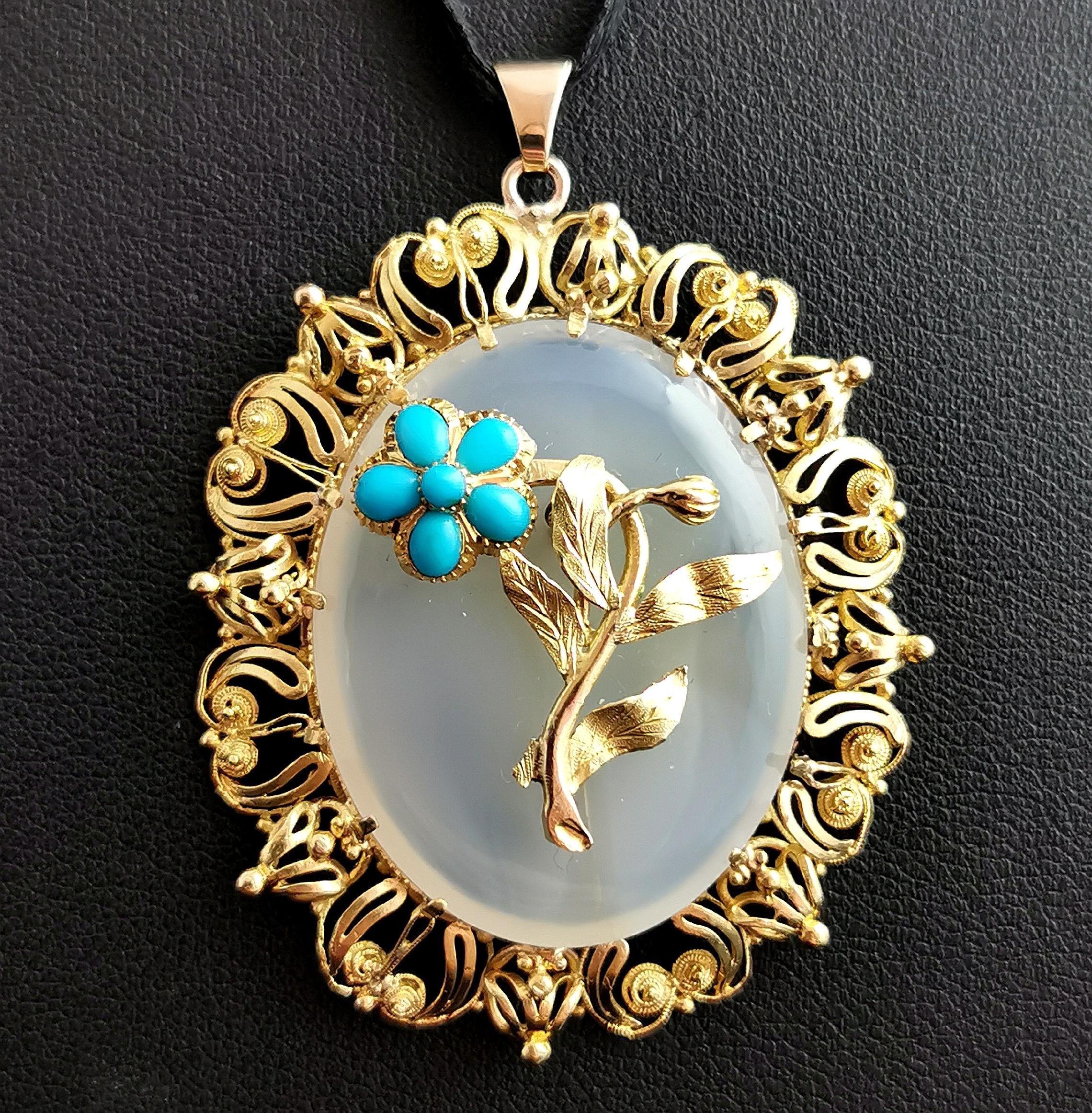 Antique Victorian Chalcedony and Turquoise Flower Pendant, 18k Yellow Gold 2