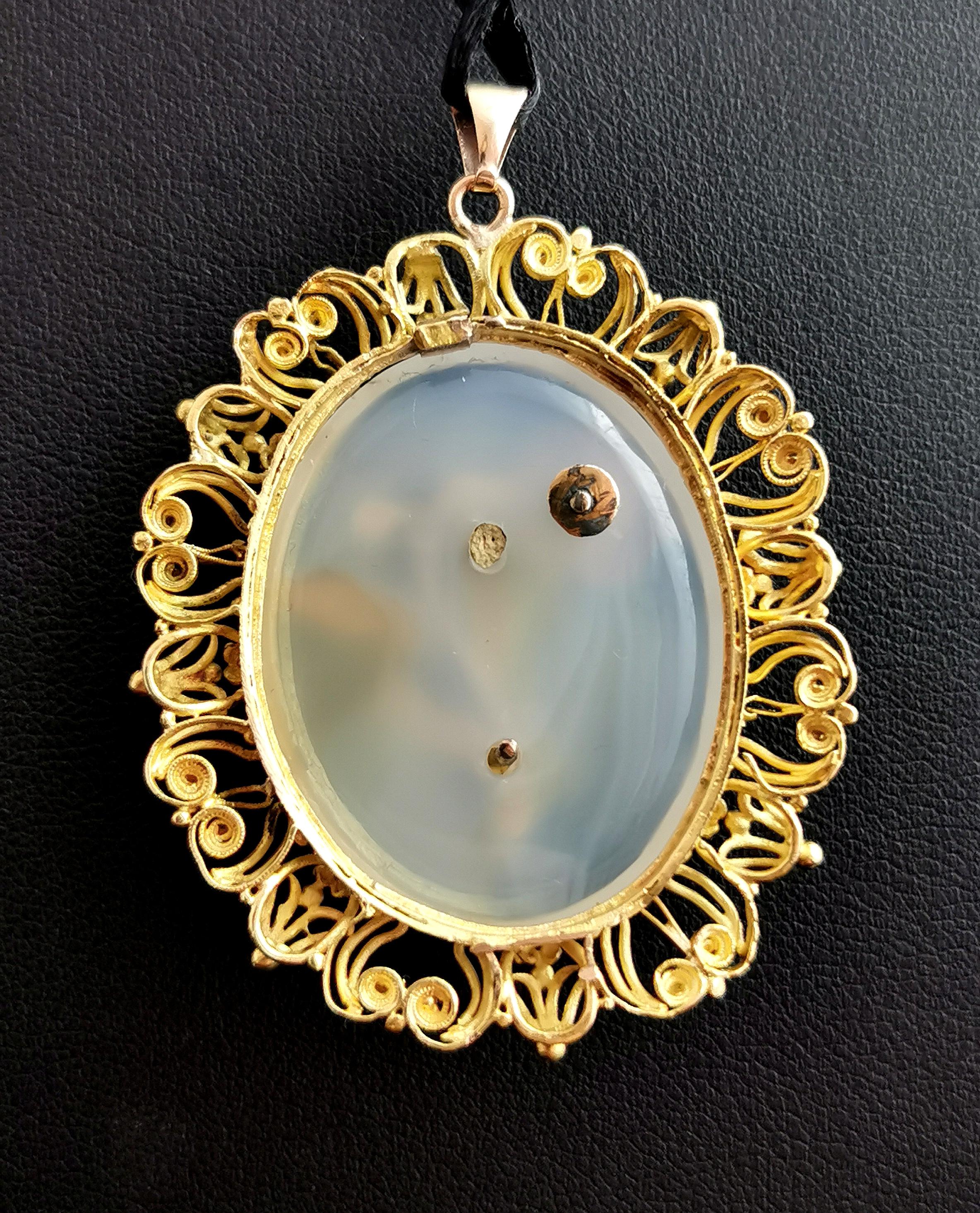 Antique Victorian Chalcedony and Turquoise Flower Pendant, 18k Yellow Gold 3