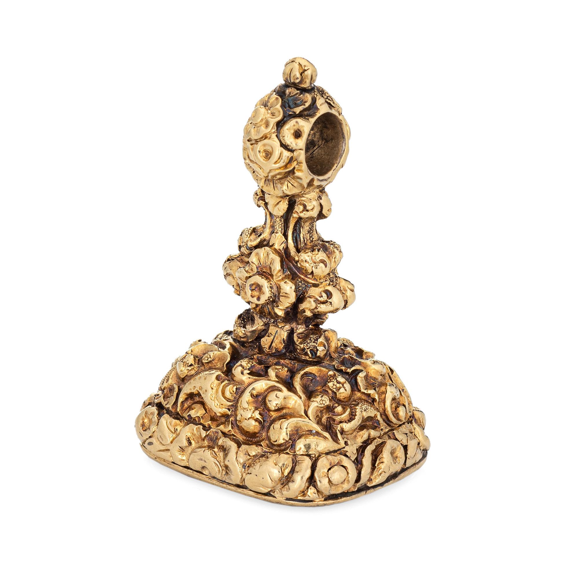 Finely detailed antique Victorian fob (circa 1880s to 1900s) crafted in 14 karat yellow gold. 

The beautifully detailed antique fob was originally worn by a gentleman with a pocket watch, a stylish addition to any outfit. Today watch fobs are great