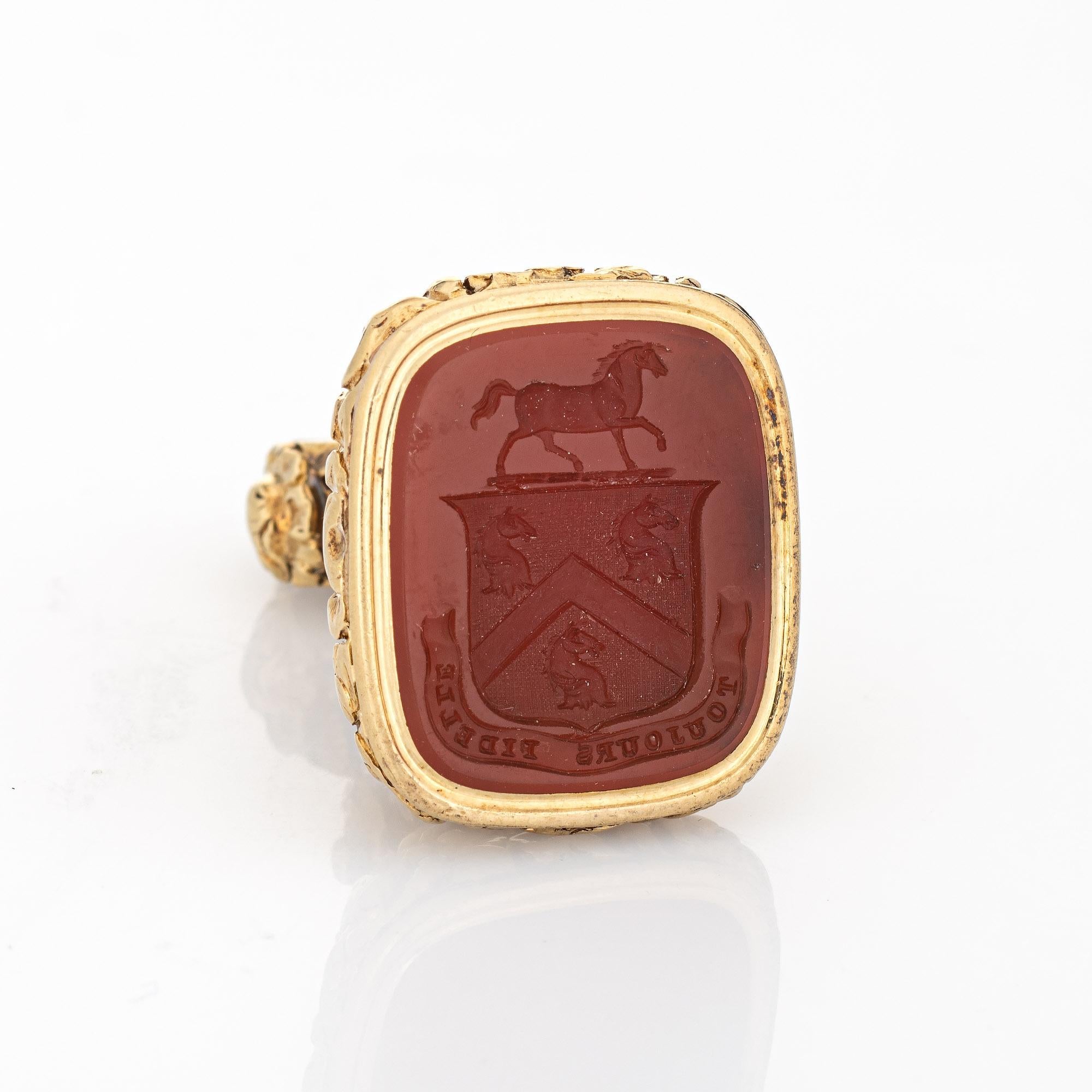 Cabochon Antique Victorian Chased Fob 14k Yellow Gold Carnelian Intaglio Wax Seal Horse