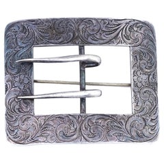 Antique Victorian chased sterling silver belt buckle extra large
