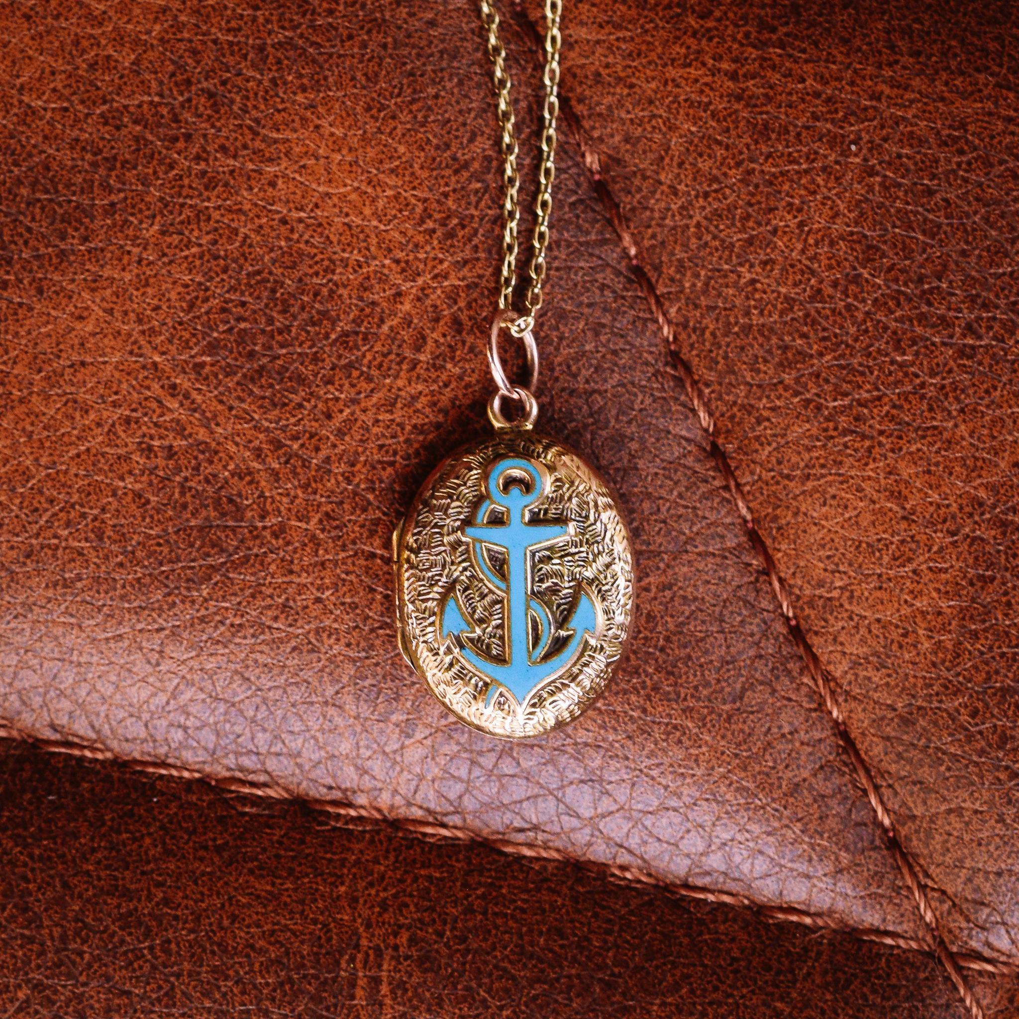 Women's or Men's Antique Victorian Chased Turquoise Anchor Locket