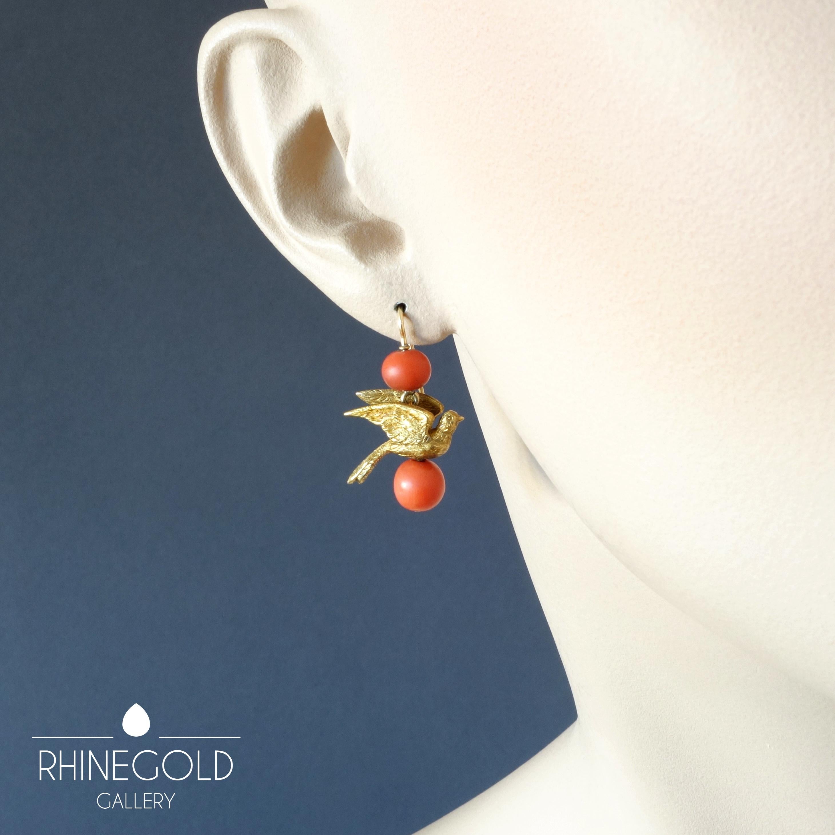 Women's Antique Victorian Cherry Picking Birds Coral Gold Drop Earrings