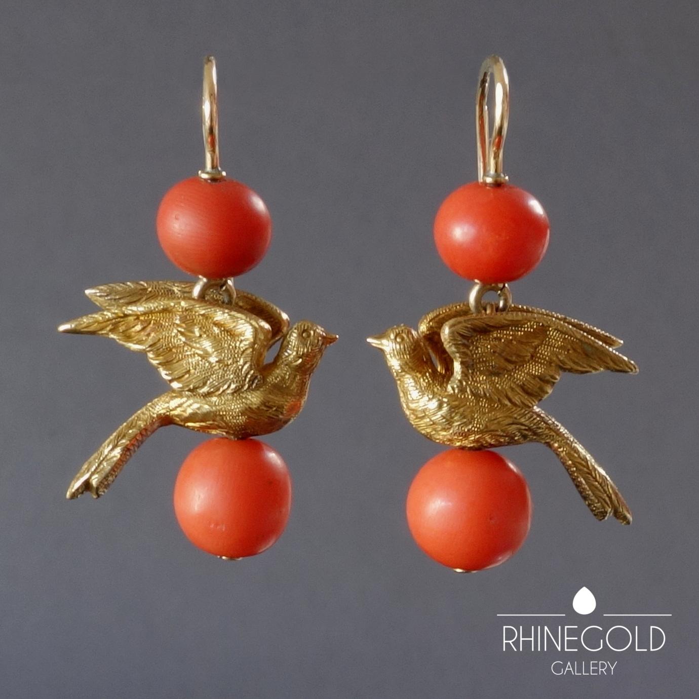 Antique Victorian Cherry Picking Birds Coral Gold Drop Earrings 1