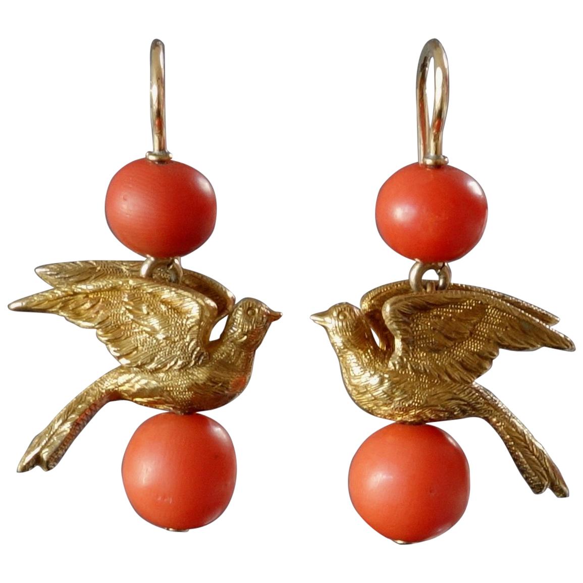 Antique Victorian Cherry Picking Birds Coral Gold Drop Earrings