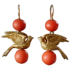 Antique Victorian Cherry Picking Birds Coral Gold Drop Earrings