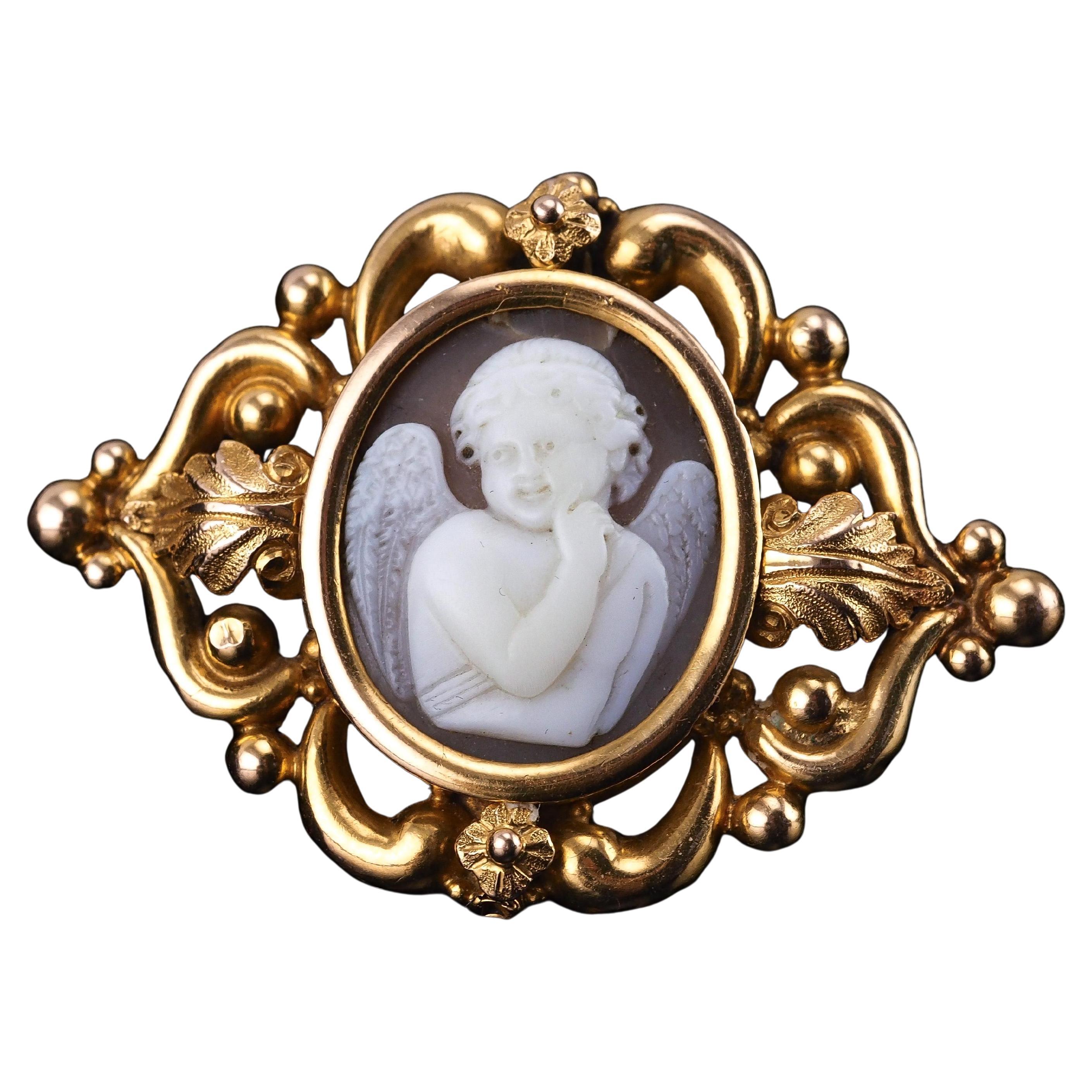Antique Victorian Cherub Cameo Brooch 18K Gold Ornate Frame - c.1860