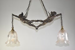 Antique Victorian Cherub Chandelier Blown Etched Glass Shades