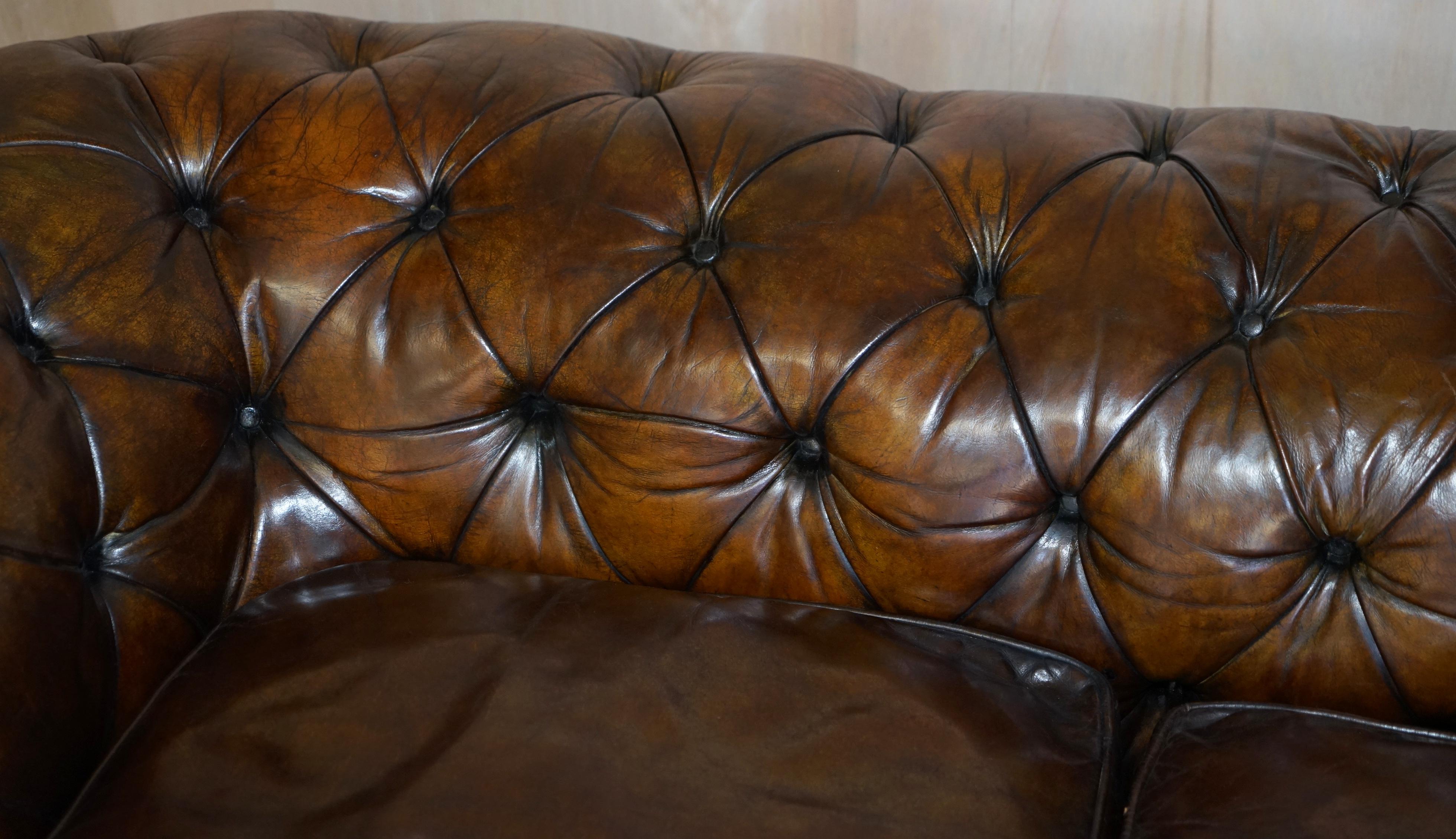 Antique Victorian Chesterfield Tufted Brown Leather Sofa Feather Filled Cushions For Sale 3