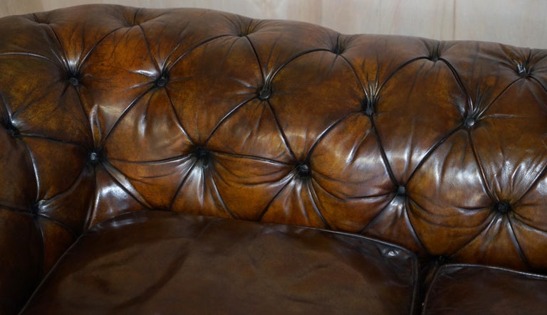 Antique Victorian Chesterfield Tufted Brown Leather Sofa Feather Filled Cushions For Sale 6