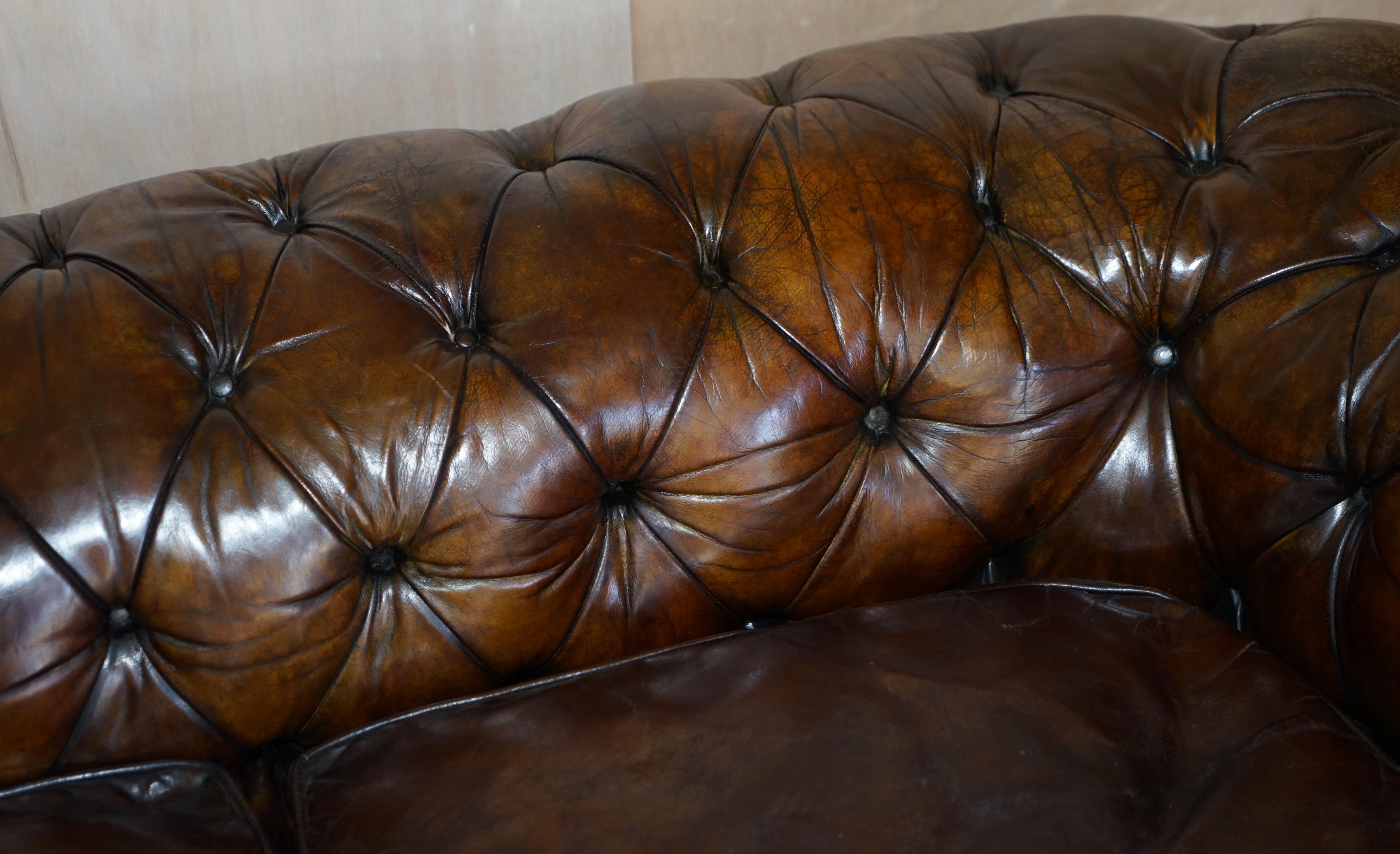 Antique Victorian Chesterfield Tufted Brown Leather Sofa Feather Filled Cushions For Sale 7