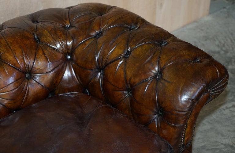 Antique Victorian Chesterfield Tufted Brown Leather Sofa Feather Filled Cushions For Sale 8