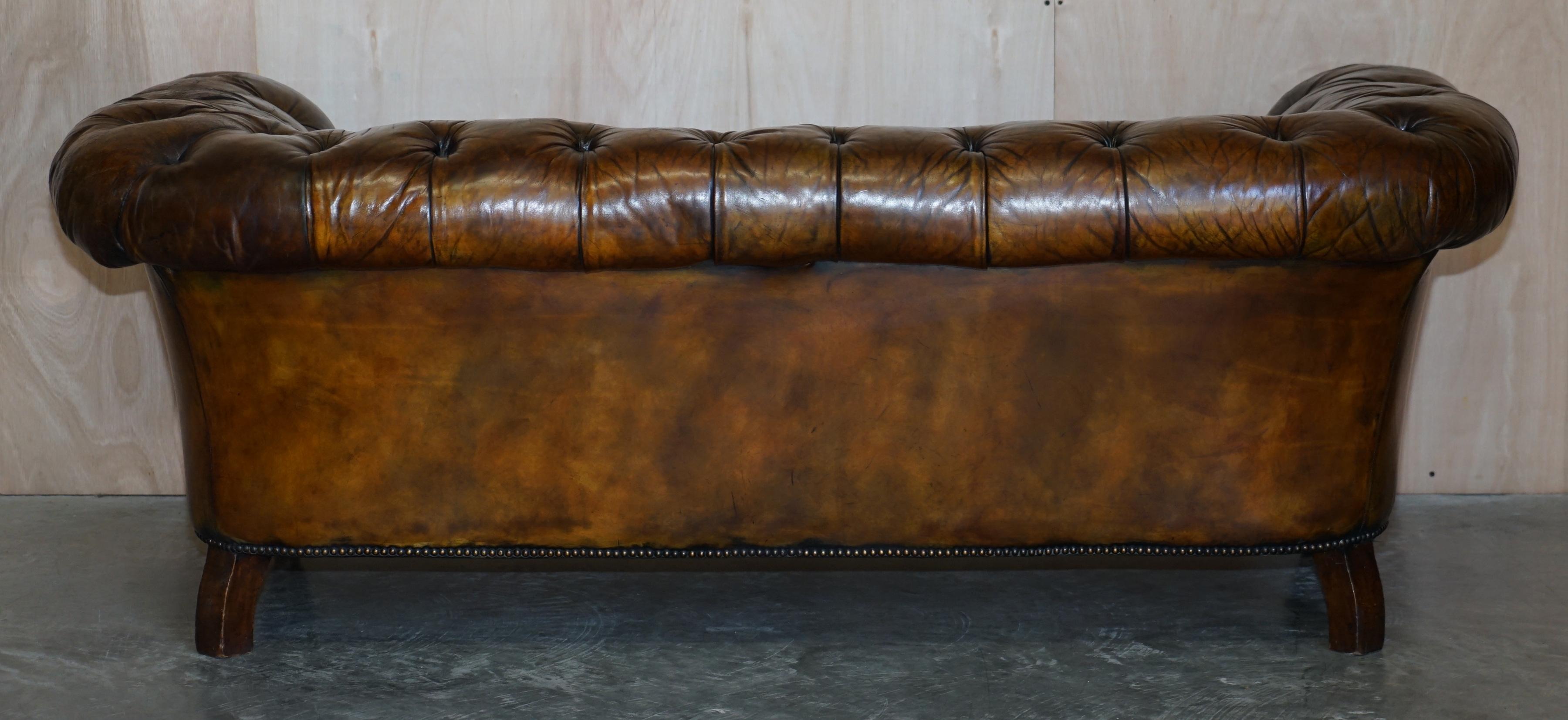Antique Victorian Chesterfield Tufted Brown Leather Sofa Feather Filled Cushions For Sale 11