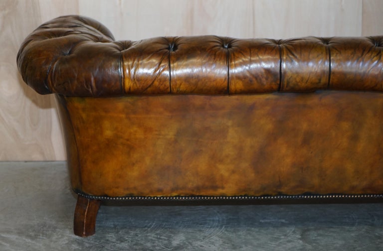 Antique Victorian Chesterfield Tufted Brown Leather Sofa Feather Filled Cushions For Sale 12