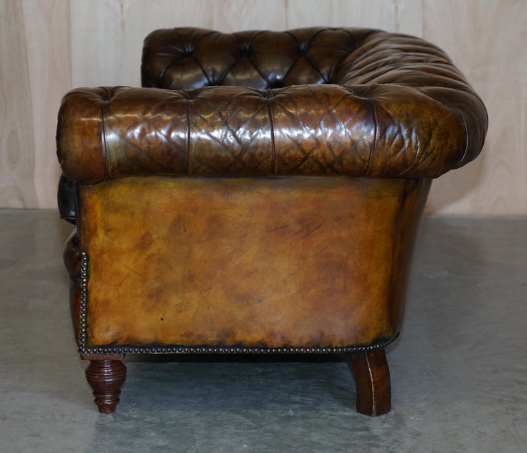 Antique Victorian Chesterfield Tufted Brown Leather Sofa Feather Filled Cushions For Sale 13