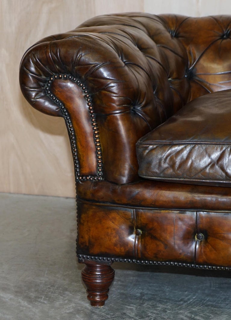 English Antique Victorian Chesterfield Tufted Brown Leather Sofa Feather Filled Cushions For Sale