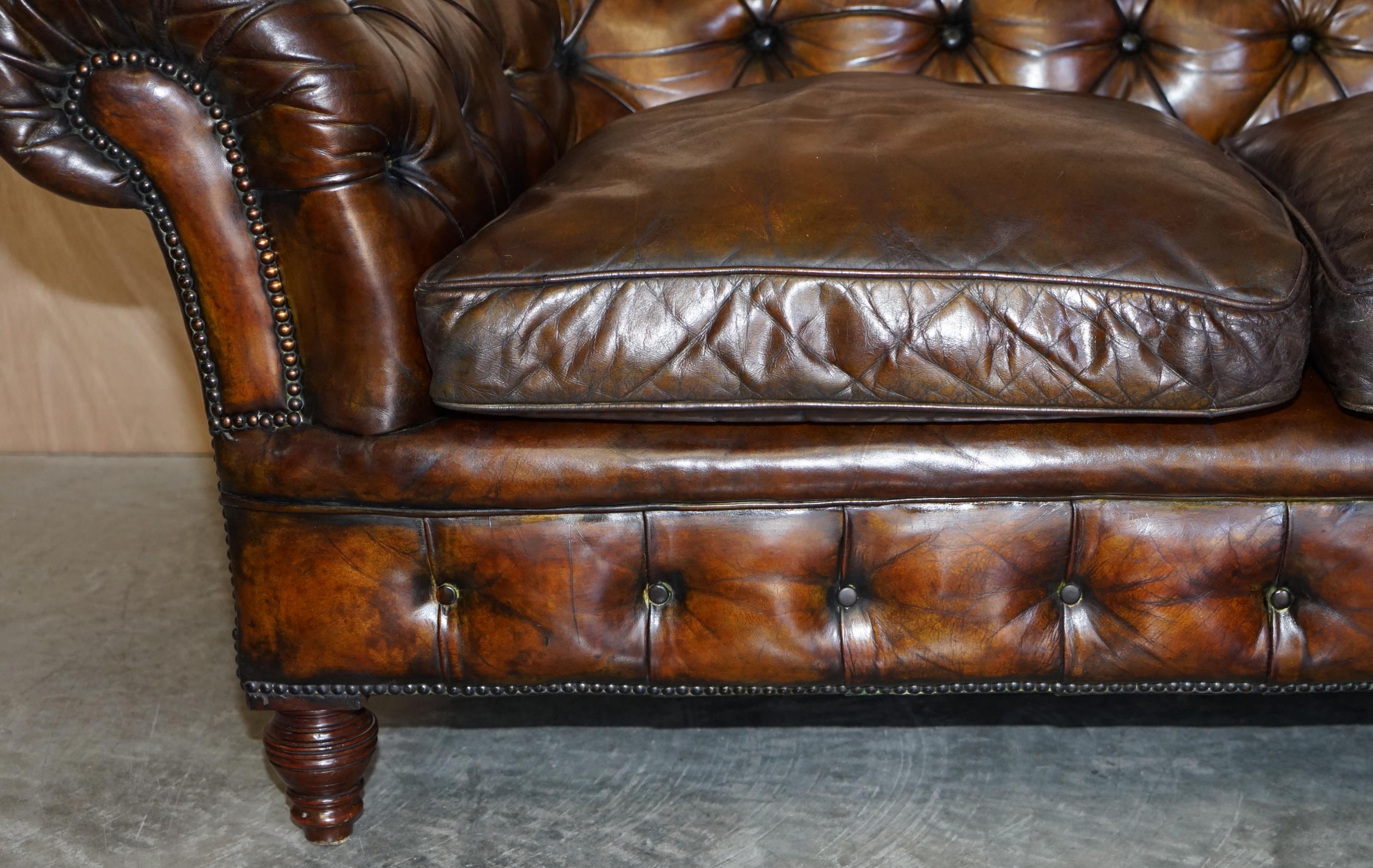 Antique Victorian Chesterfield Tufted Brown Leather Sofa Feather Filled Cushions For Sale 1