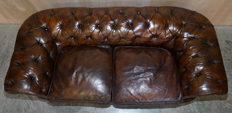 Antique Victorian Chesterfield Tufted Brown Leather Sofa Feather Filled Cushions For Sale 2