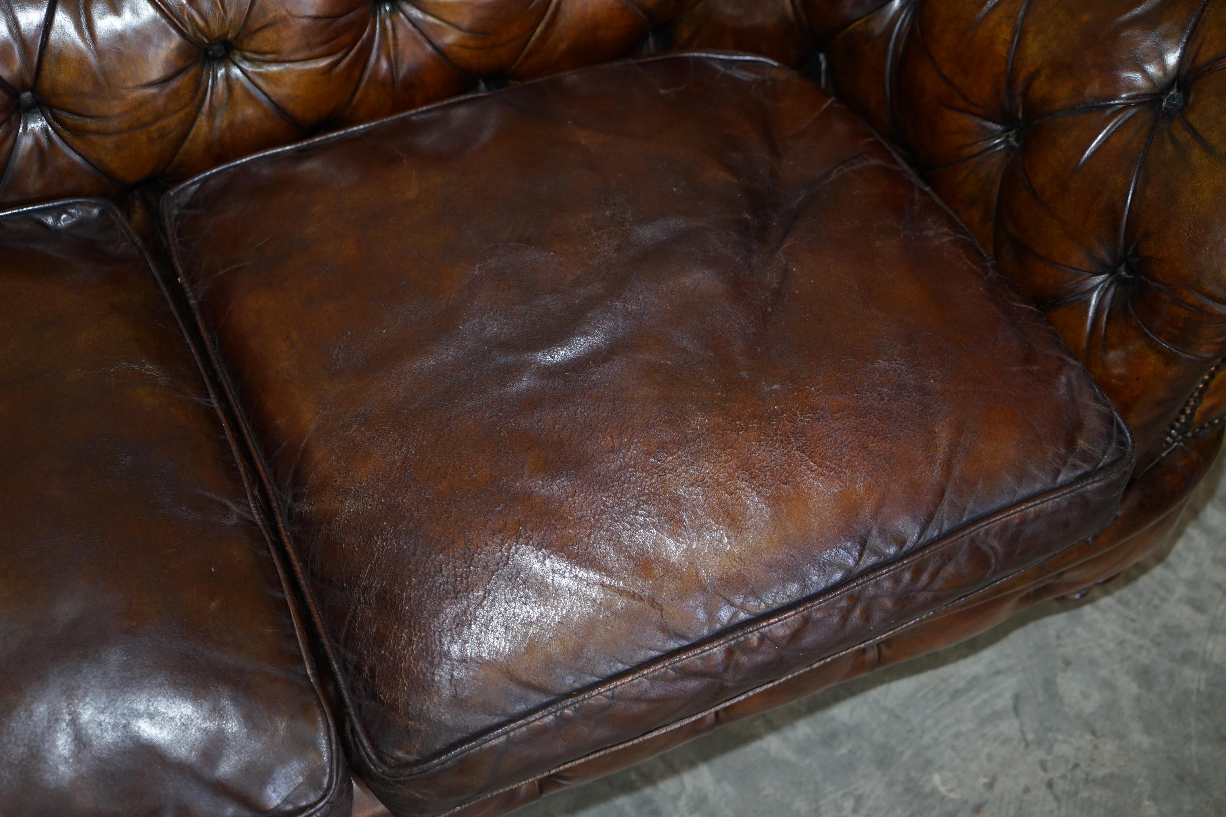 Antique Victorian Chesterfield Tufted Brown Leather Sofa Feather Filled Cushions For Sale 4