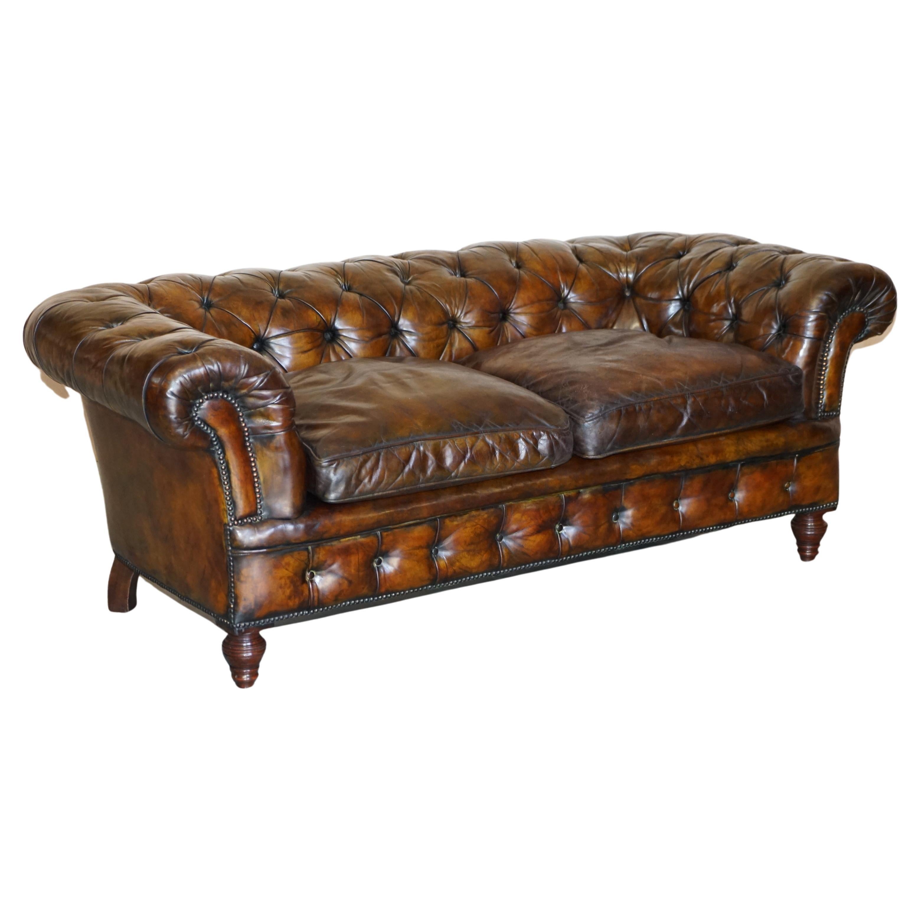 Antique Victorian Chesterfield Tufted Brown Leather Sofa Feather Filled Cushions For Sale