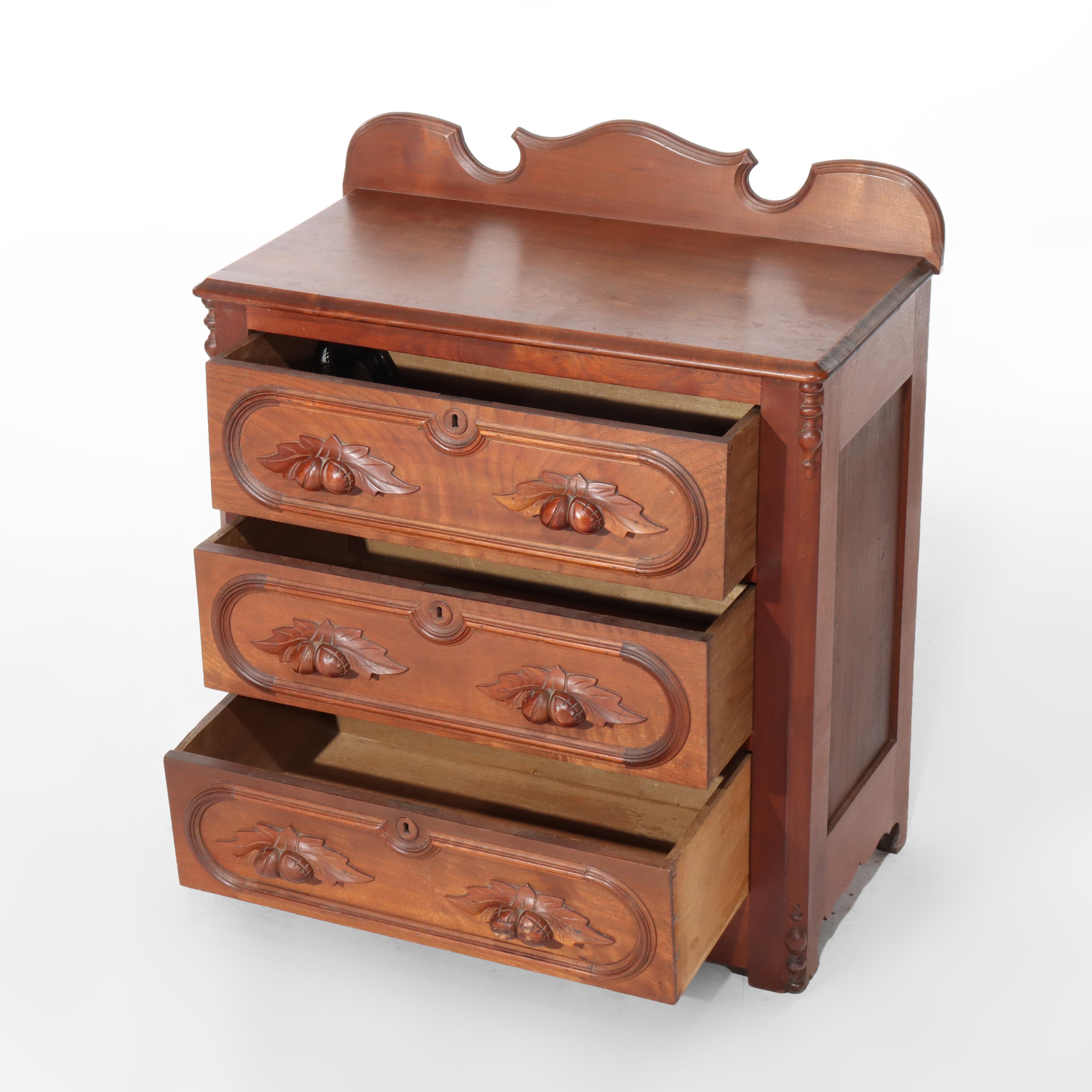 Antique Victorian Chestnut Three Drawer Commode with Carved Pulls C1890 In Good Condition For Sale In Big Flats, NY
